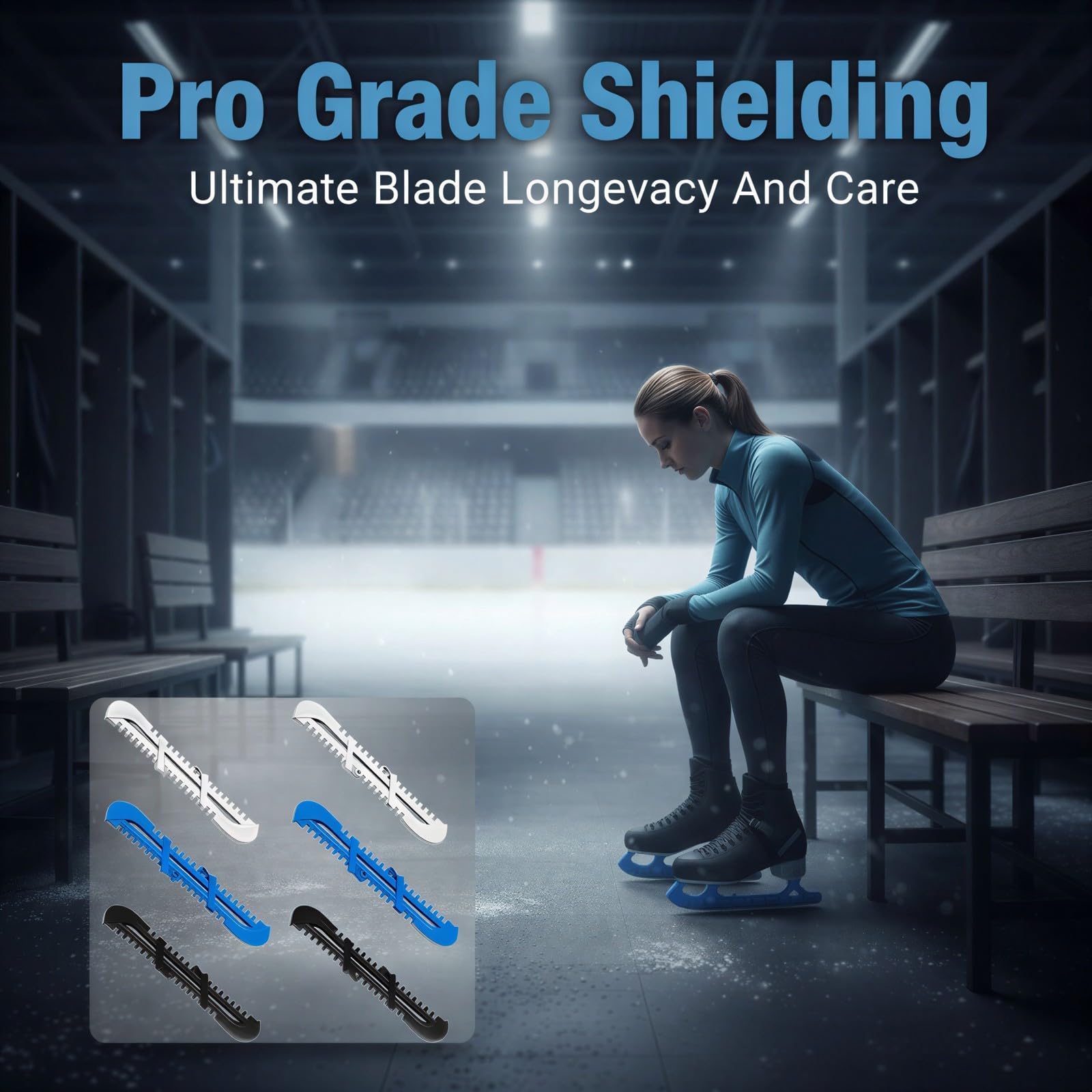 3 paires de protège-lames de patins à glace, couvre-lames en plastique réglables pour hockey et patinage artistique avec ressorts, longueur 13,6 in / 34,5 cm, jeunes et adultes, noir blanc bleu
