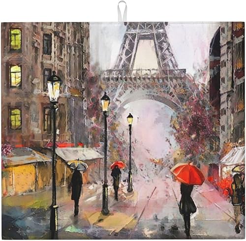 Street View of Paris - Tapete de secado de platos para encimera de cocina torre Eiffel artística de microfibra absorbente para secar biberones color
