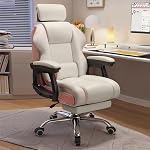 Executive Computer Chair Home Office Desk Chair,Adjustable Angle, Ergonomic Adjustable Height PU Leather Chairs with Cushions Armrest for Long Time Seating-High Back Reclining,White and Pink