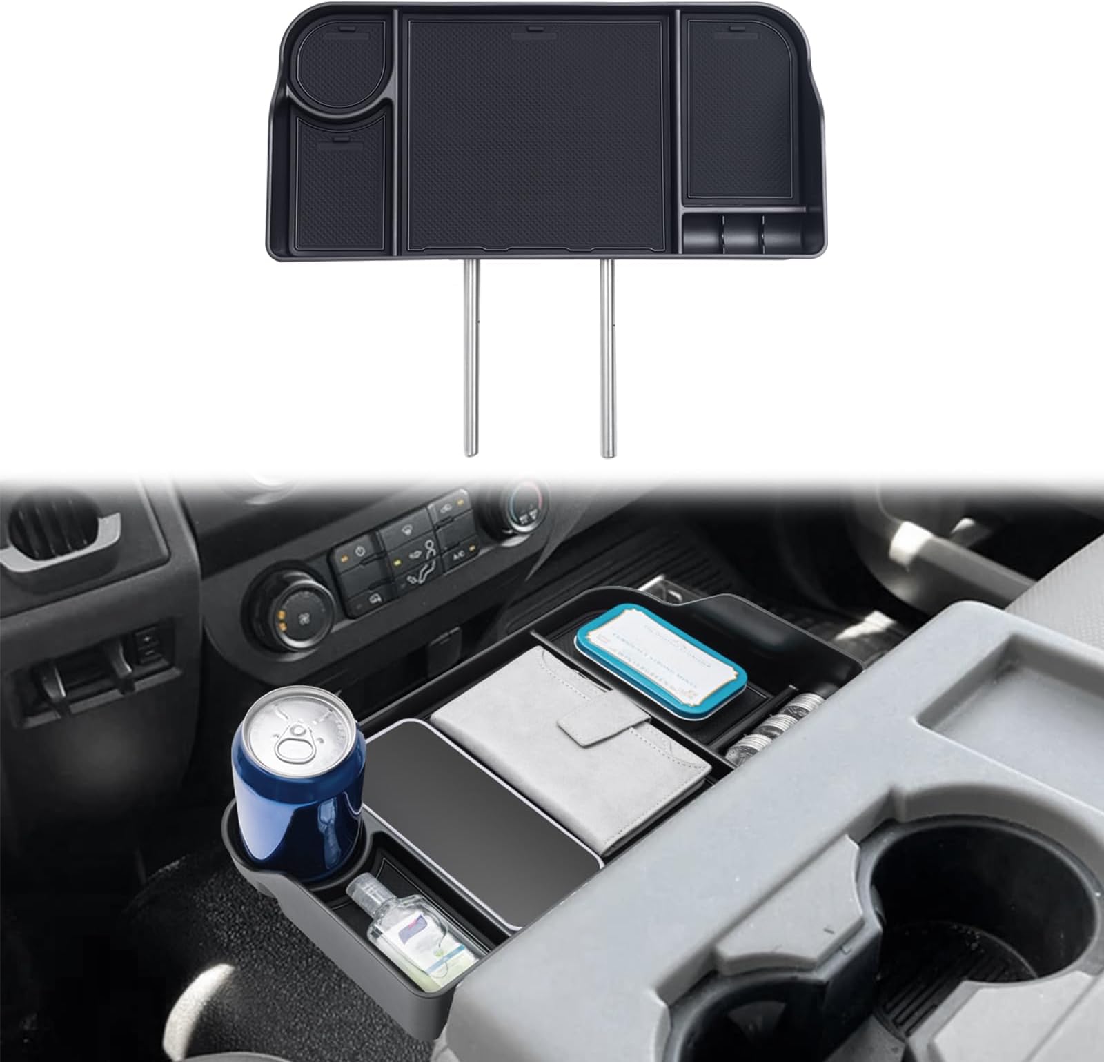 JDMCAR Upgrade Front Center Seat Headrest Organizer Compatible with 2011-2024 2025 Ford F150 F250 F350 F450 F550 F650 Accessories, Coin Container Storage Box with Non-Slip Silicone Mat(Jump Seat Only)