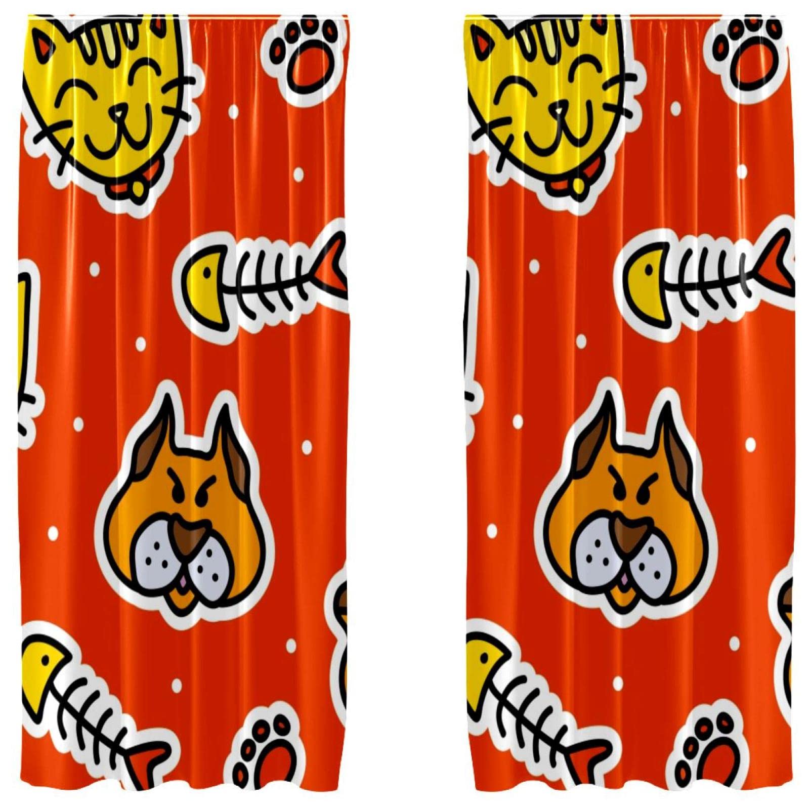 Rideaux chat et chien orange, voilage haut de gamme 139x213 cm pour chambre