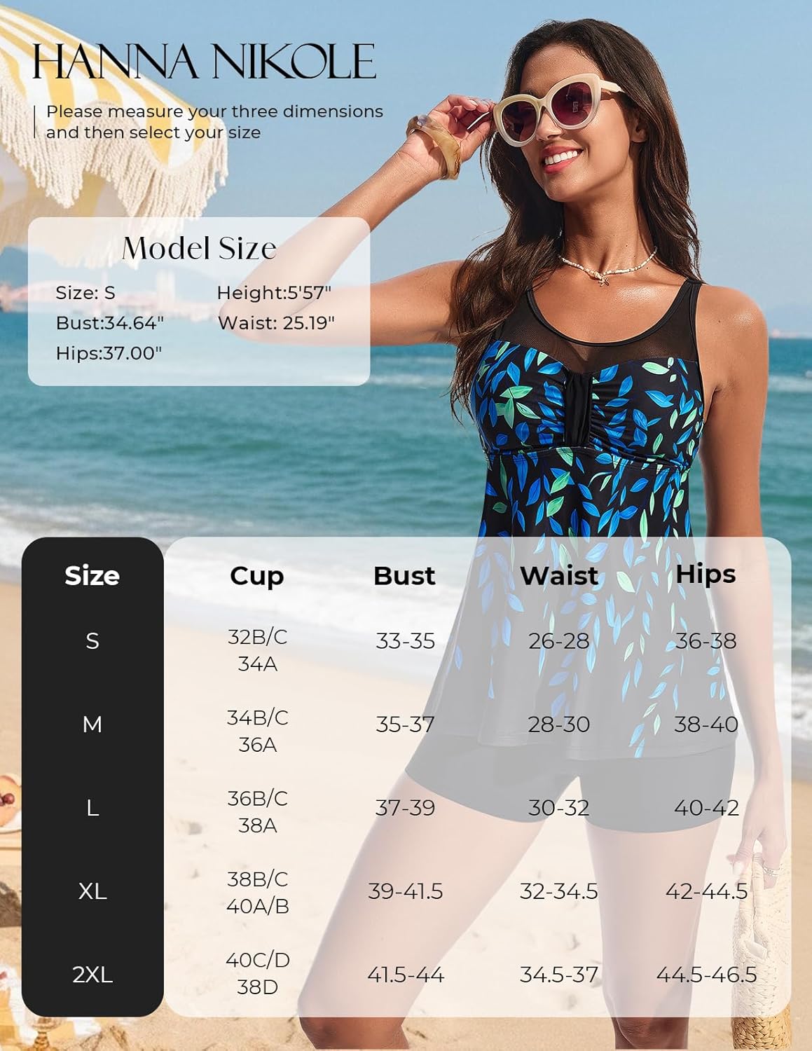 Hanna Nikole Women Two Piece Tankini Swimsuit Modest Bathing Suit Mesh Flowy Swim Top with Tummy Control Boy Shorts