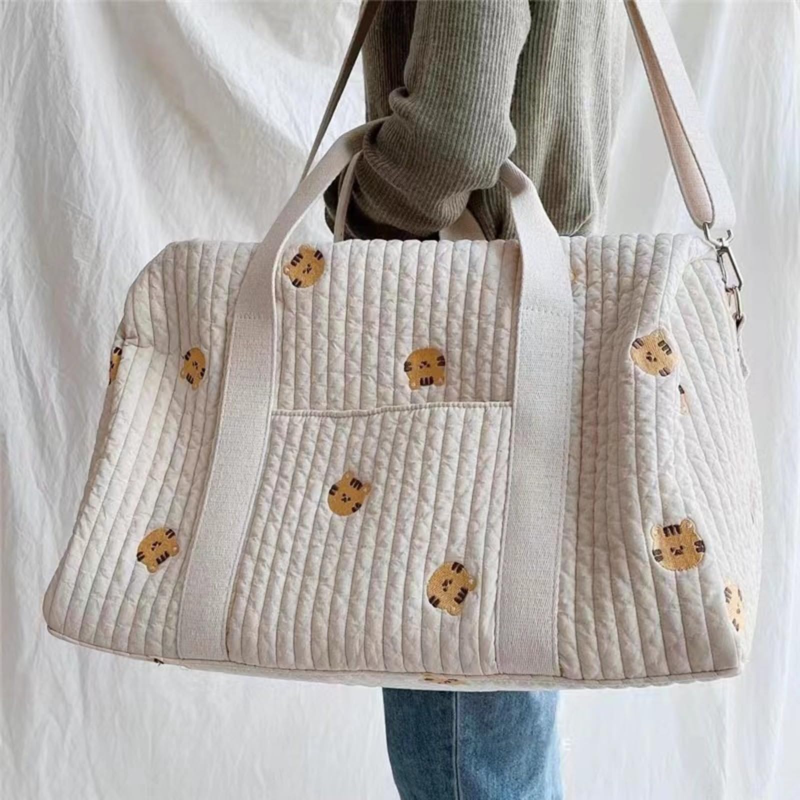 Sac d'accouchement Hôpital Maman Grande, Sac Poussette Ensemble de 2 Pièces, Bébé Changement, Épaule en Coton avec Broderie, Impression Mignon Portable Universel