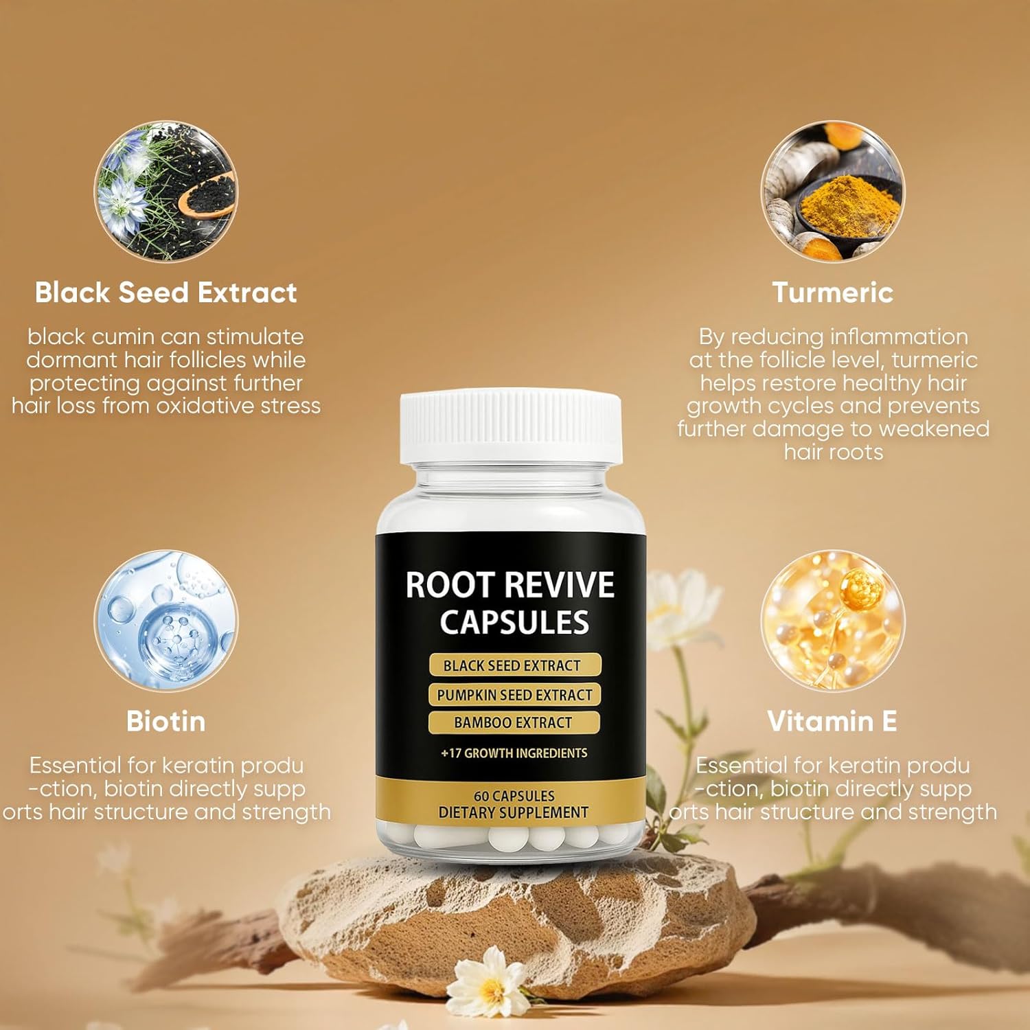 Root Revive Capsules - Hair Growth Capsules for Black Women, With Black Seed Extract, Biotin, Bamboo Extract and Saw Palmetto, Support New Hair Growth, Nourish & Strengthen Hair Strands, 60 Ct