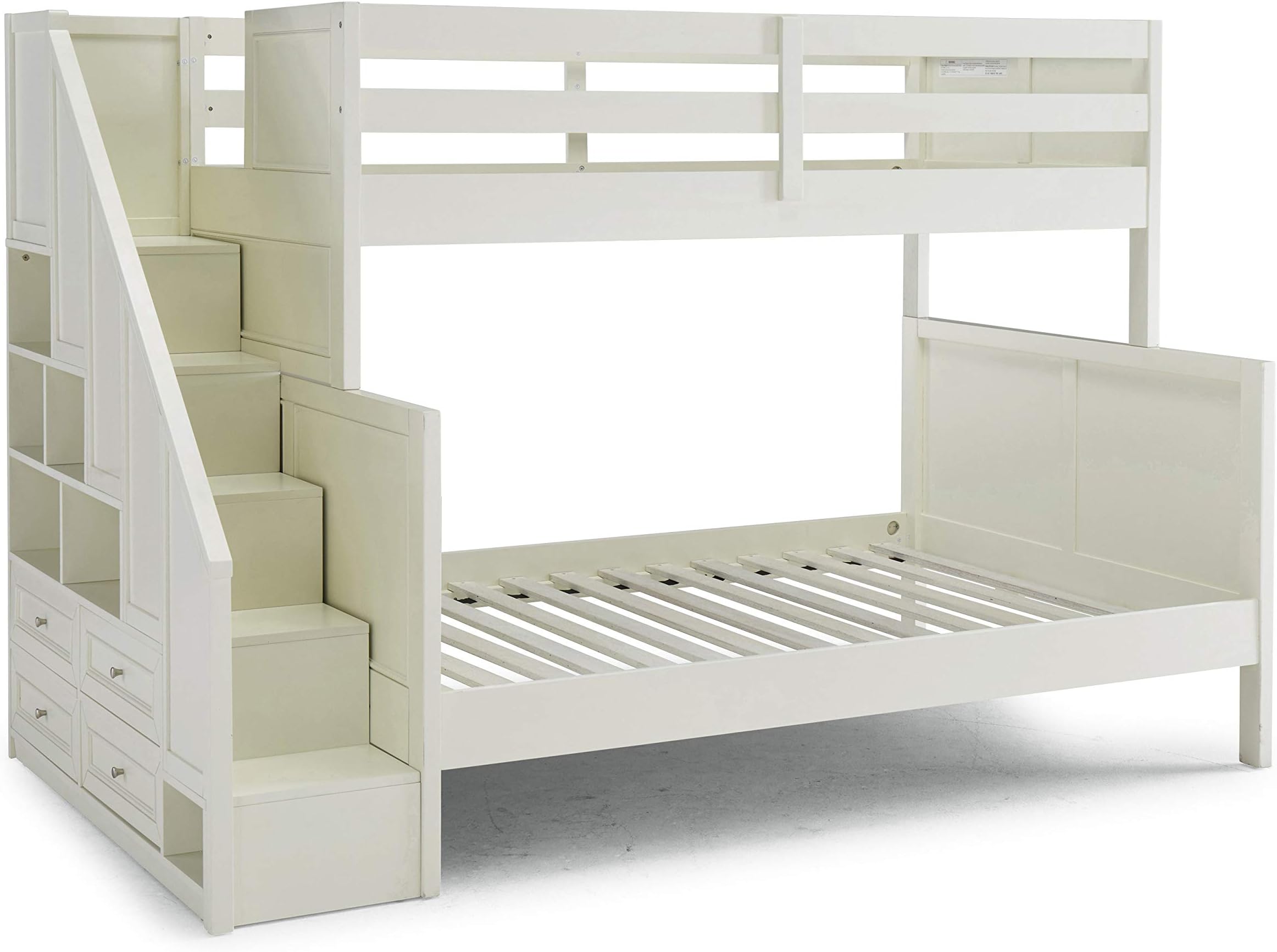 Home Styles Naples White Twin Over Full Bunk Bed with Four Utility Drawers, Six Cubicles, and Steps