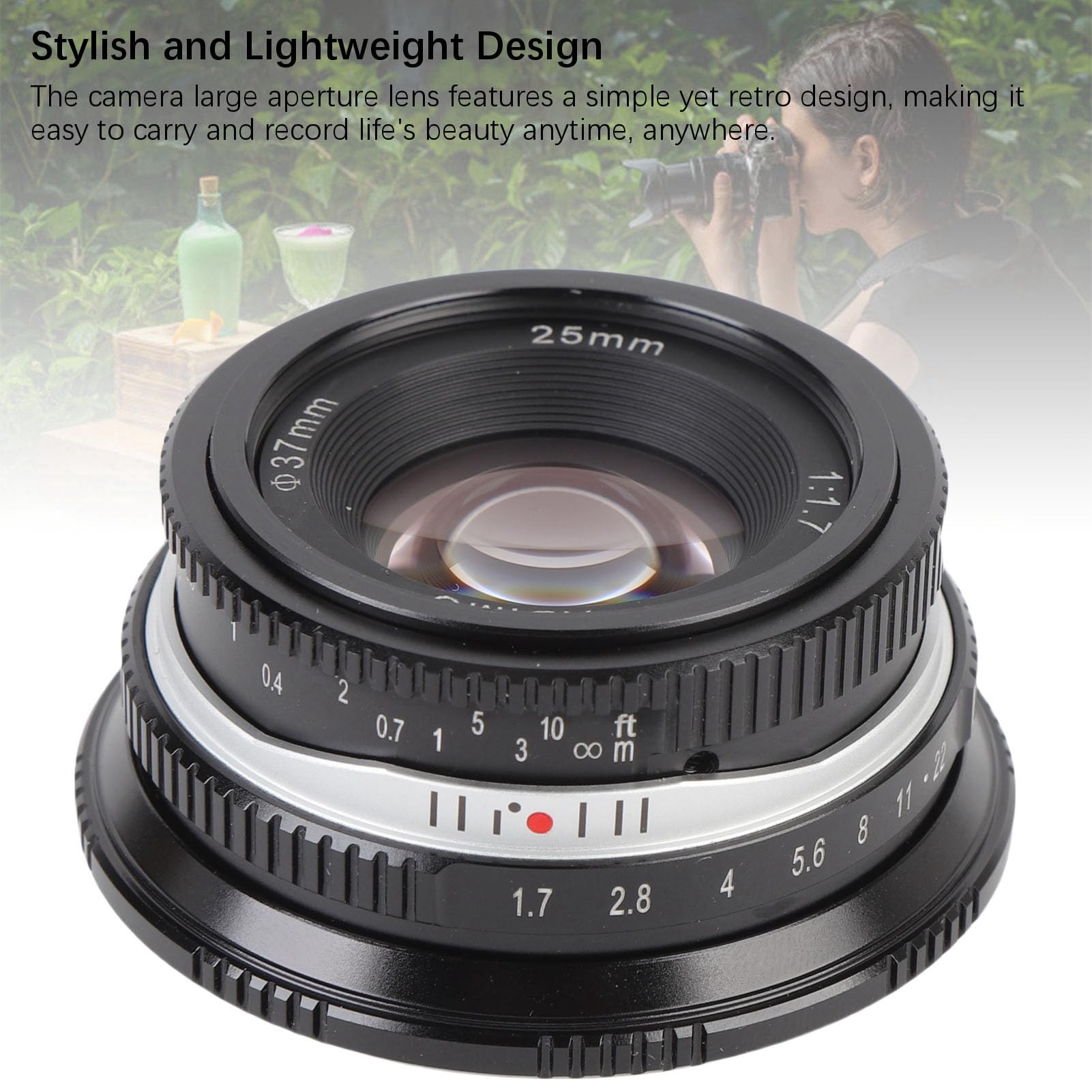 Ręczny Obiektyw Aparatu 25 Mm F1.7, Obiektyw z ręczną regulacją Ostrości o Dużej Przysłonie i przednią pokrywką, do Aparatu Bezlusterkowego G1 G3 G5 G6 G7 M4 3 z Mocowaniem 3 (BLACK)