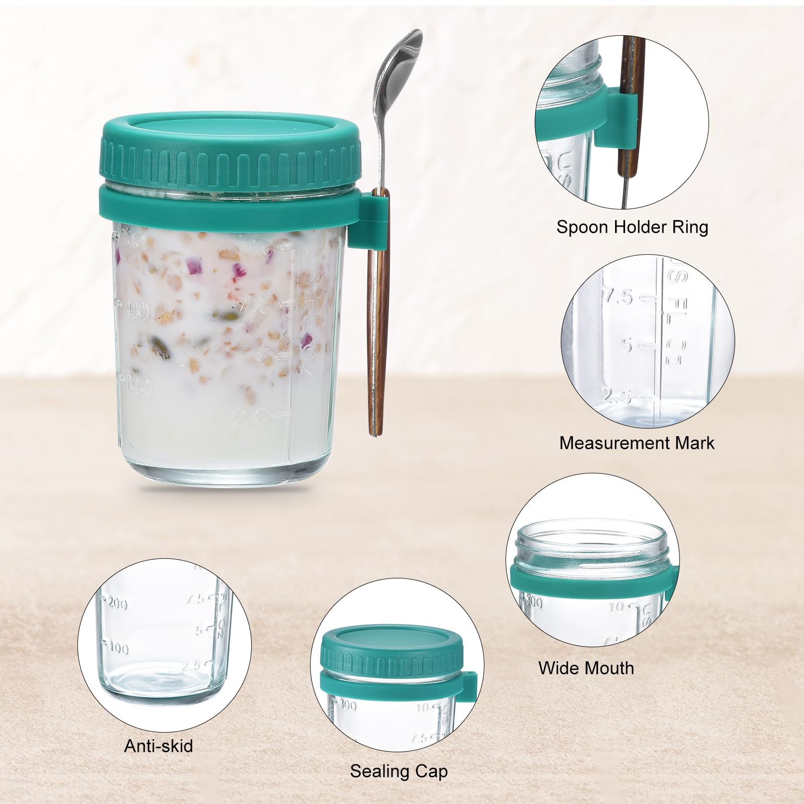 QUARKZMAN Übernacht Haferflocken Behälter mit Deckel 8stk - 10 Oz Übernacht Haferflocken Gläser mit Löffeln und Maß Markierungen Mason Glas Gläser für Milch Müsli (Cyan)
