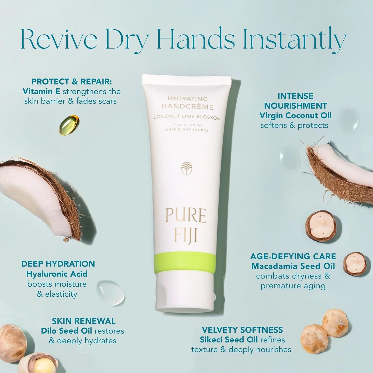 PURE FIJI Hydrating Hand Cream 4 oz / 120 ml – Deep Moisturizing Hand Lotion with Coconut Oil, Dilo Oil, Macadamia Oil & Hyaluronic Acid (4 oz, Coconut) - Image 3