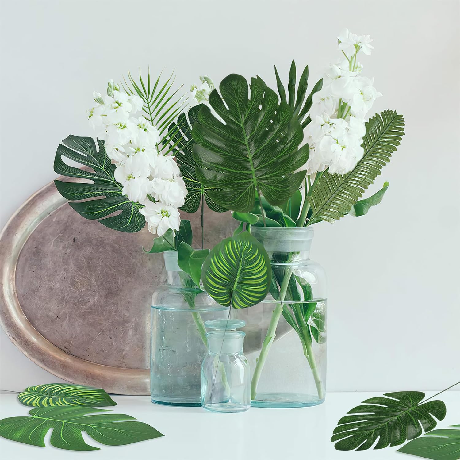 54 Pieces 7 Kinds Artificial Tropical Leaf Jungle Leaves Plant Safari Leaves Decorations Fake Palm Leaf with Stems for Hawaiian Luau Party Table Beach Birthday Wedding Theme Party Decorations - Image 6