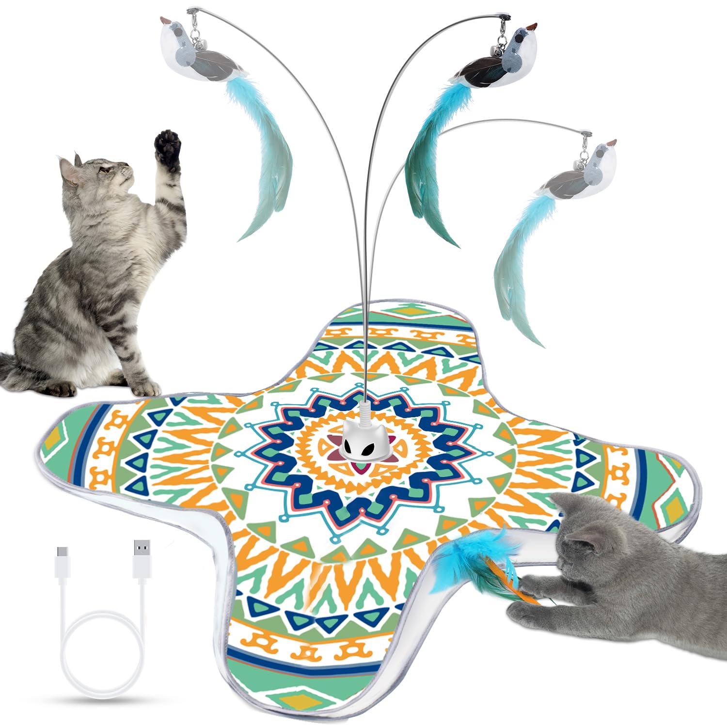 Temracha Interactive Cat Toy, Rechargeable Cat Toys for Indoor Cats, Automatic Cats Chasing Toy, Hide & Seek, 2 Modes, Self-Holding Suction Base, 3-in-1 Feather Toys with 1 Teaser Pole, 4 Replacements