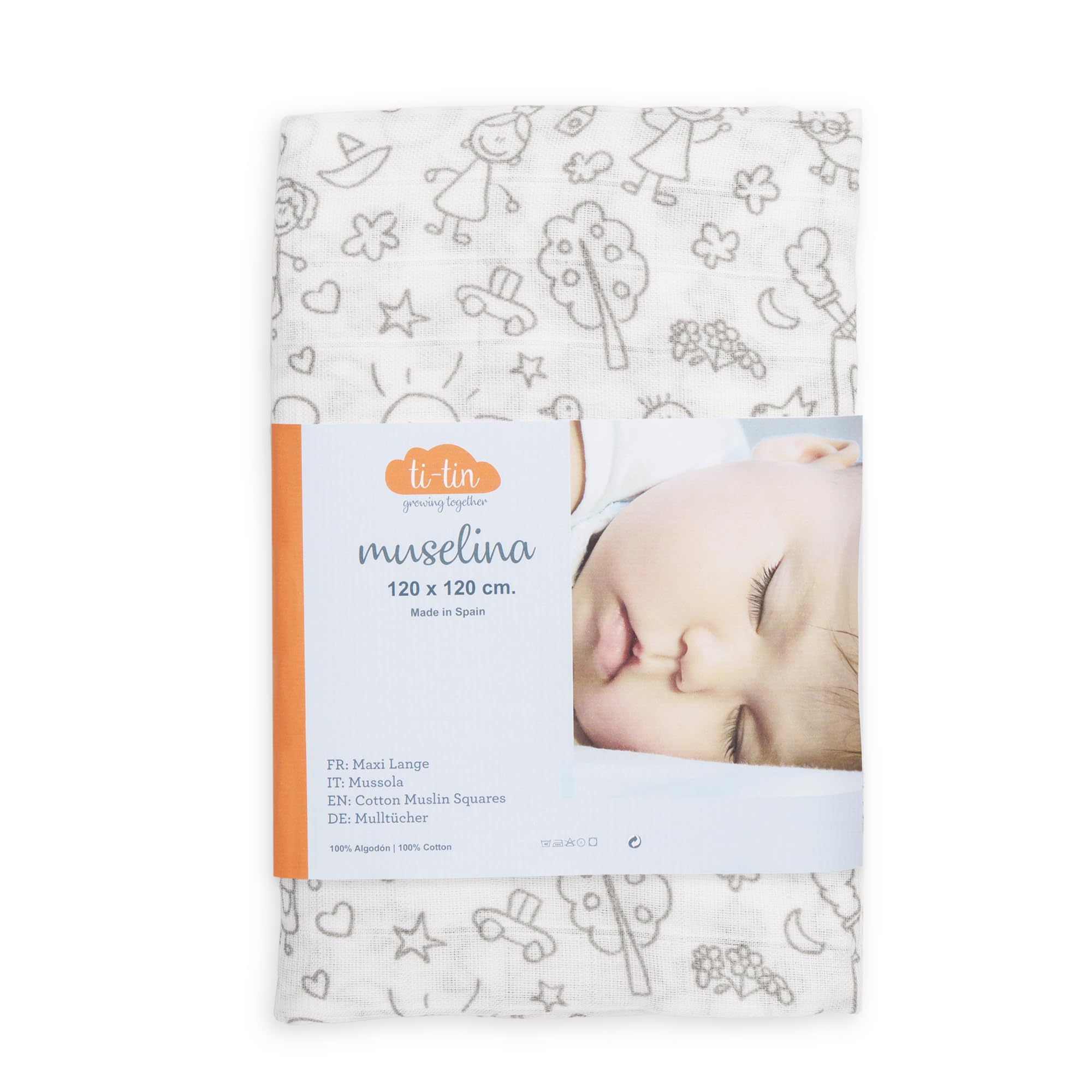 Ti TIN Muselina 100% Algodón 120 x 120 cm, Transpirable, Ligera y Suave, Ideal para bebés de 0-36 Meses, fácil Lavado y Secadora, Fabricada en España, Estampado de Dibujos de niños Color Gris