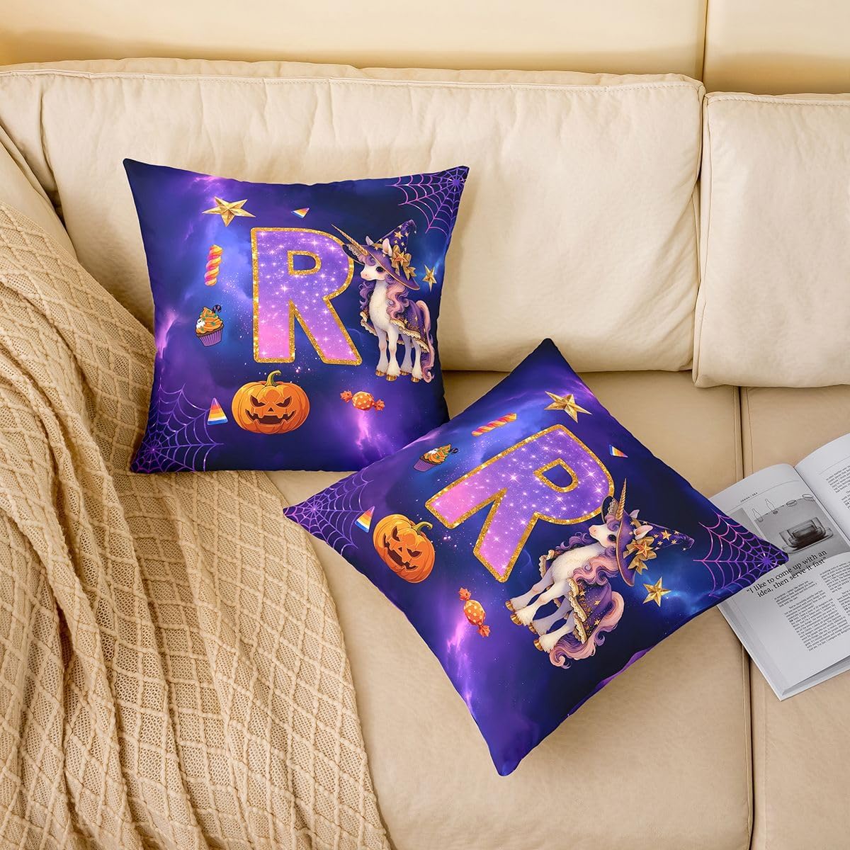 Castle Fairy Happy Halloween Throw Pillow Covers 16"x16" Set of 4,Unicorn Pumpkin Spider Web Cushion Covers for Couch Sofa,Letter Initial R Decorative Pillowcases,Purple R Pillow Cases image 2