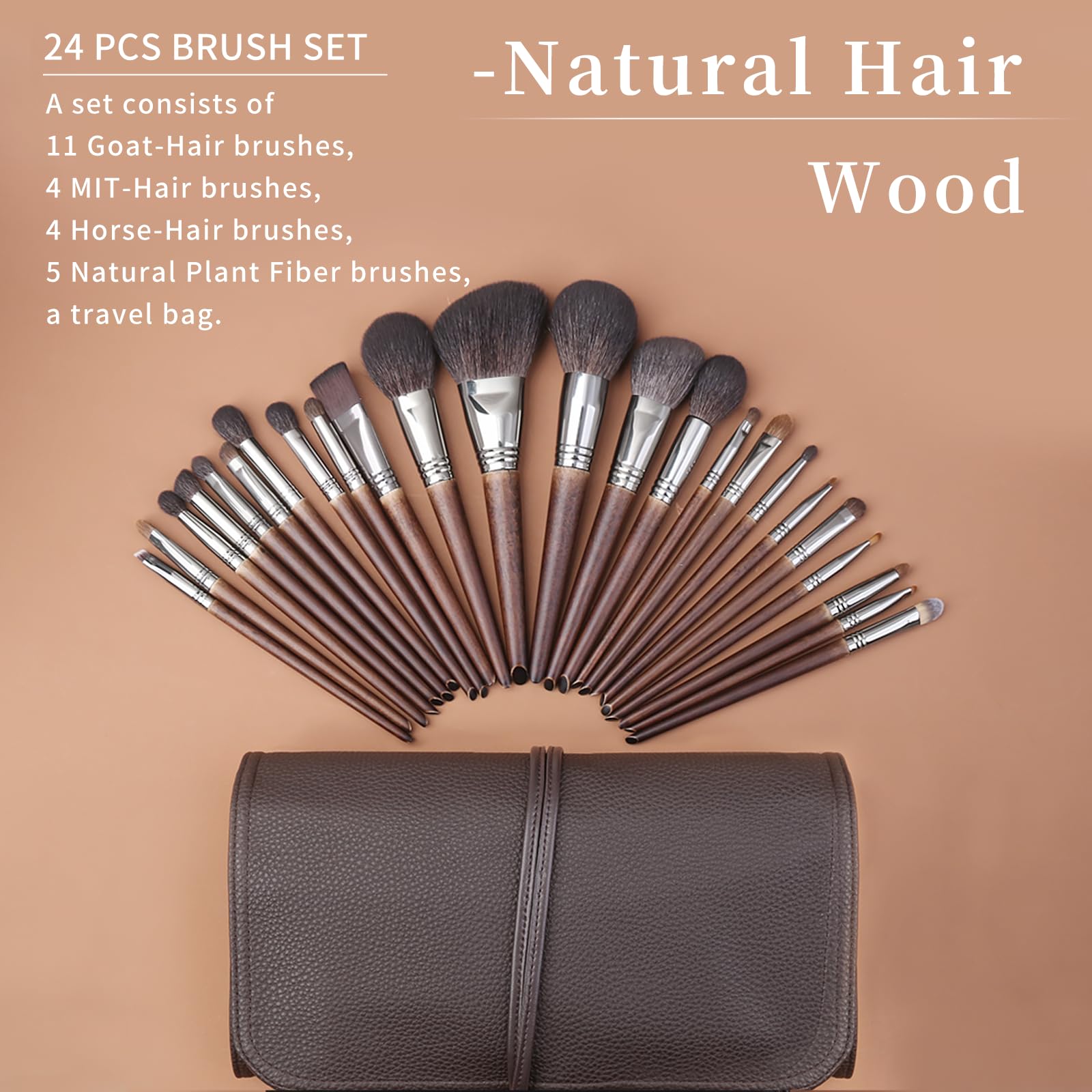 ENZO KEN Deluxe Natural Goat Hair Makeup Brush Set including Case, Makeup Brushes Set Professional, 24 Cosmetic Brushes - Image 2