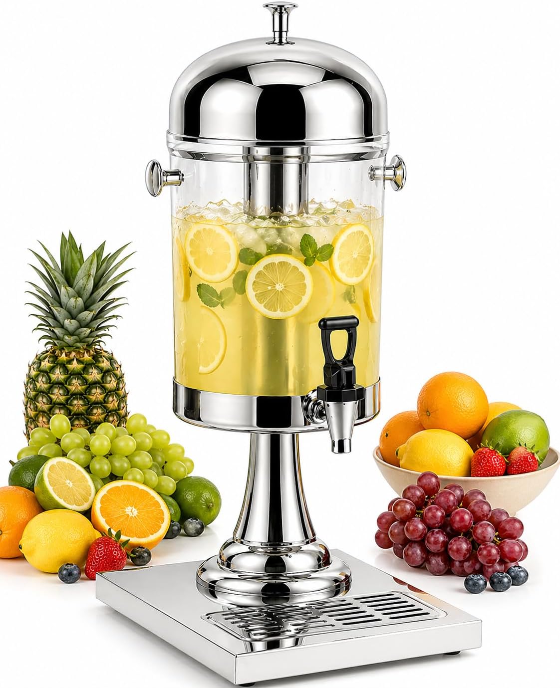 2.2 Gallon Beverage Dispenser with Ice Core & Stand โ Stainless Steel Drink Dispenser with Spigot & Drip Tray for Parties, Juice, Lemonade, Catering & Events