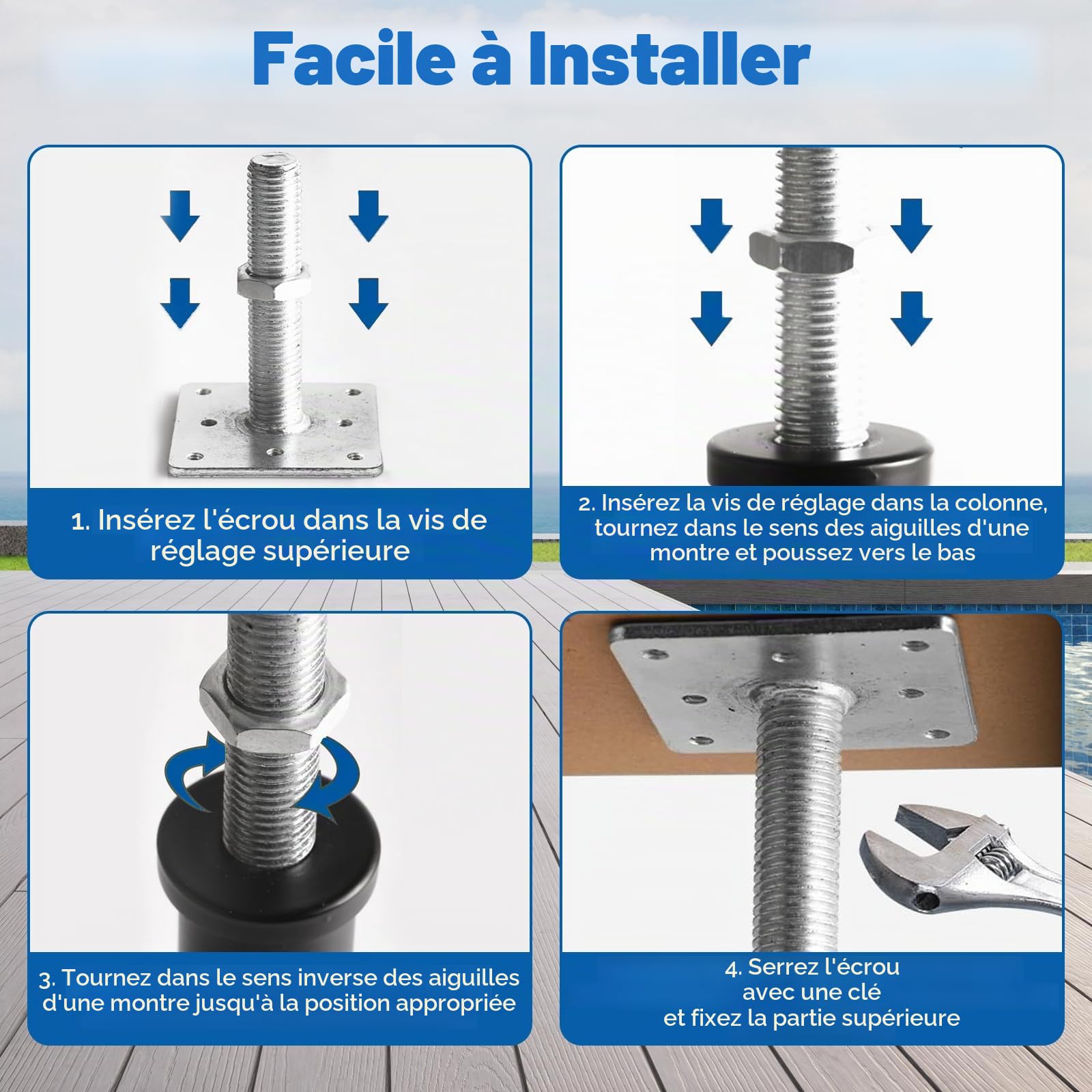 Lot de 4 supports de poteau - 100 x 100 mm - Hauteur réglable : 130 à 200 mm - Support de poteau réglable - Galvanisé à visser - Pied de support - Pied de support - Pied de sol en béton