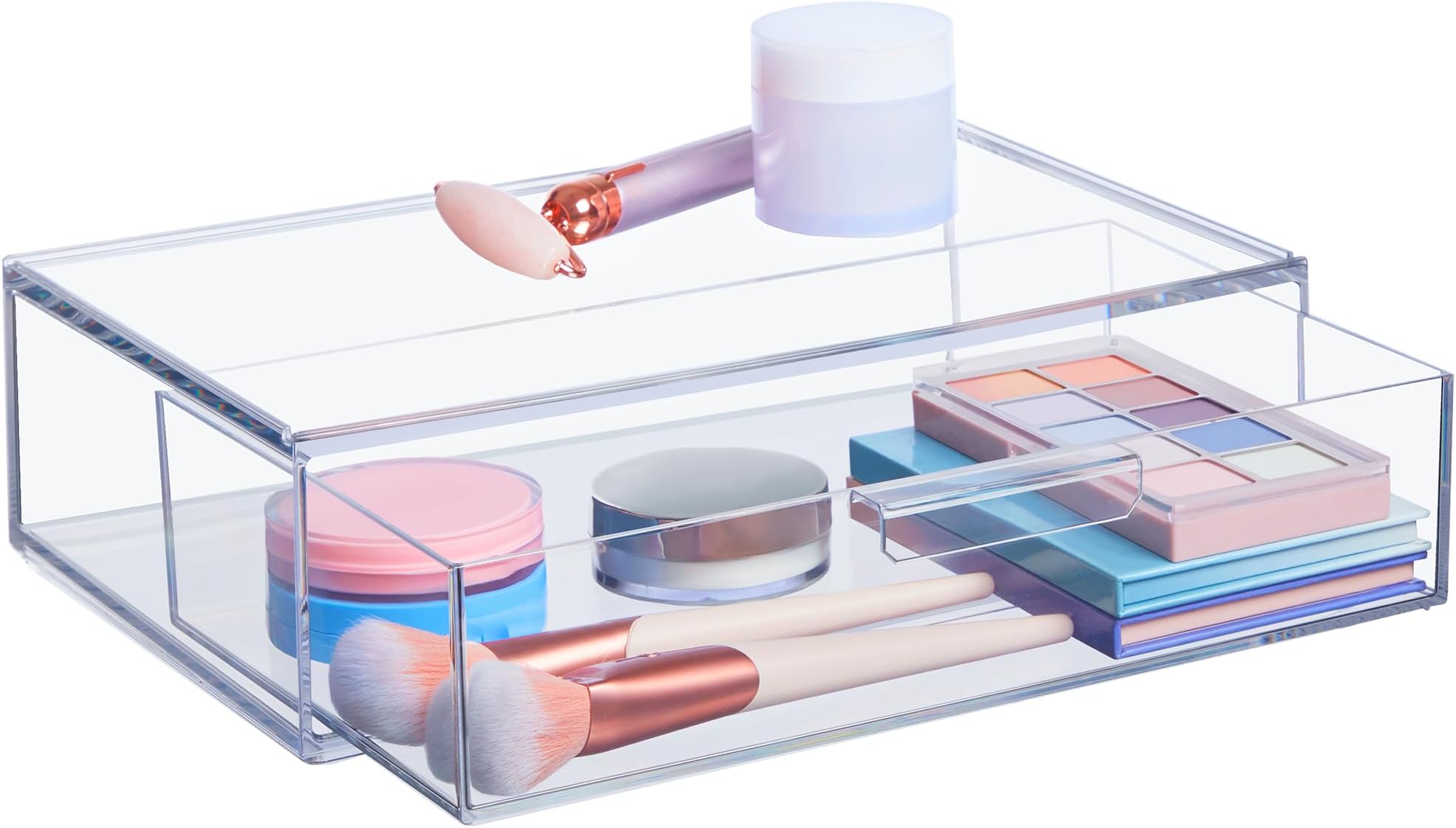 Audrey Stackable Clear Bin Plastic Organizer Drawer | Organize Eyeshadow Palettes, Cosmetics, and Beauty Supplies on a Vanity | Made in USA