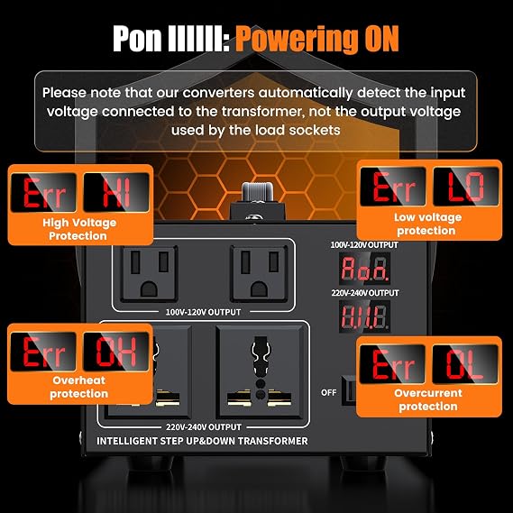 1500W Voltage Converter Transformer Step Up 110V/120V to220V/240V or Step Down 220V to 110V AC Power Converte, Circuit Breaker Protection, 2 US sockets, 2 Universal sockets, LCD Display