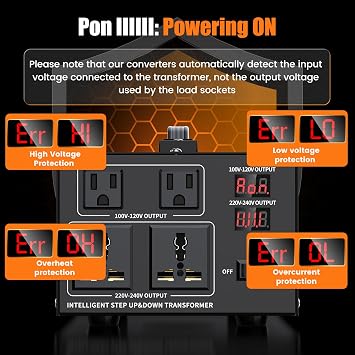 1500W Voltage Converter Transformer Step Up 110V/120V to220V/240V or Step Down 220V to 110V AC Power Converte, Circuit Breaker Protection, 2 US sockets, 2 Universal sockets, LCD Display