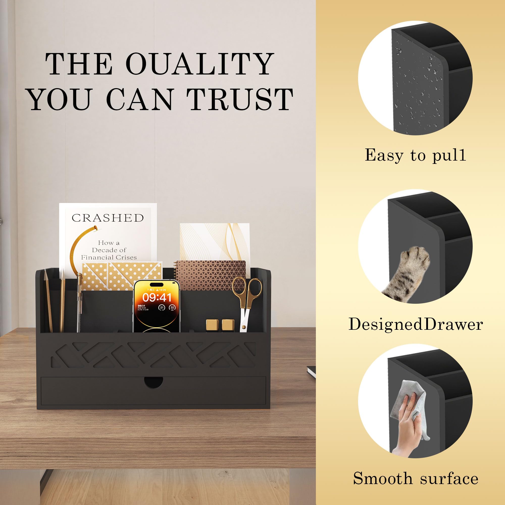 Wisuce Bamboo Mail Organizer Countertop Desktop with Drawer - Desk Organizer with File Organizer for Office Supplies All-in-One Desk File Organizer with Pencil Holder for Paper Letter Envelope Bill