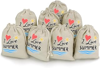 I Love Summer Drawstring Bags Cotton Linen Pack of 8 | Reusable Storage Gift Pouch Party Home Supplies
