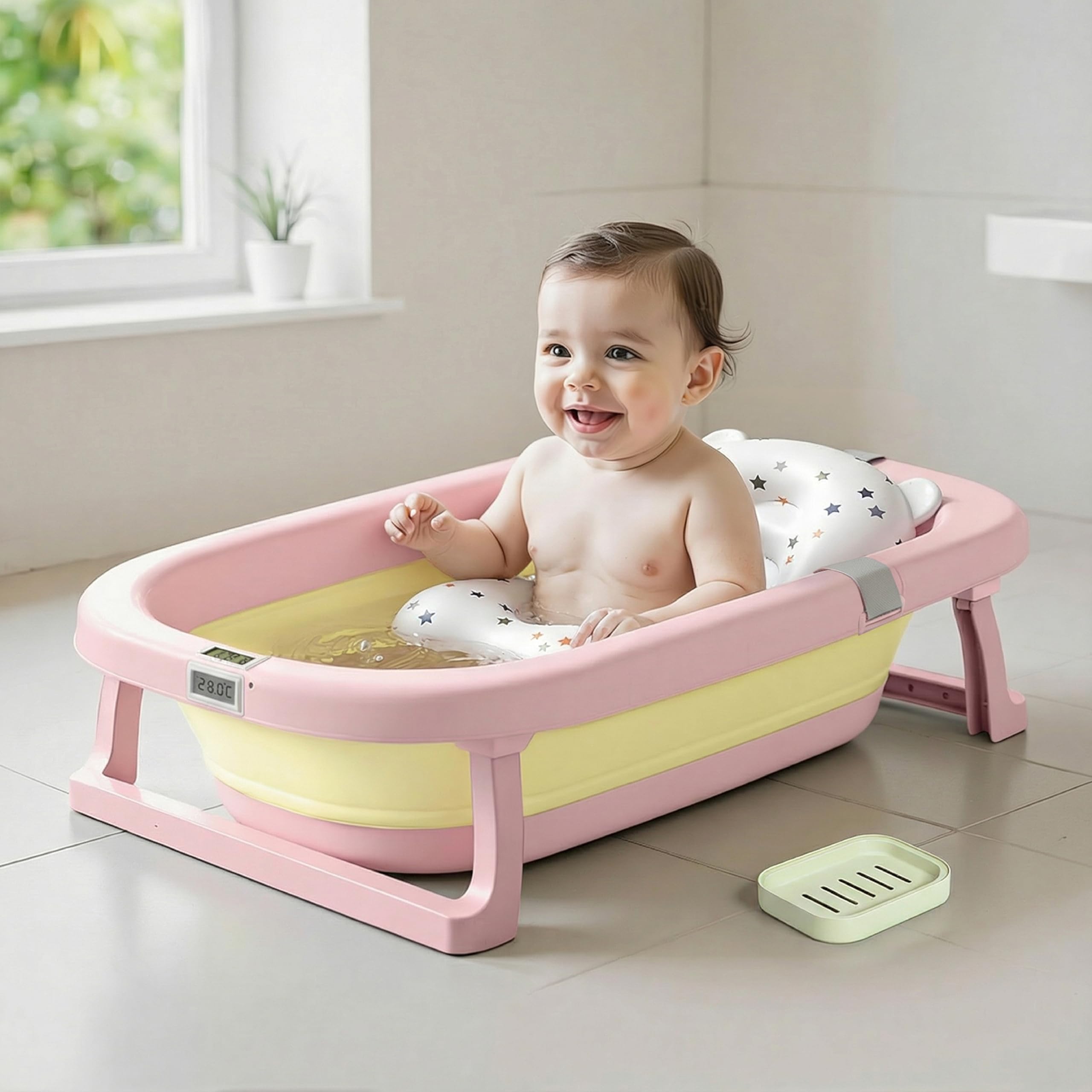 Cockatoo-Kids DripDrop Foldable Baby Bath Tub with Thermistor, Pillow & Soap Box – Portable Newborn to 6 Years Tub, Non-Toxic PP, Anti-Slip Base, 40kg Capacity – Travel & Home Use, Pink & Yellow-image-21