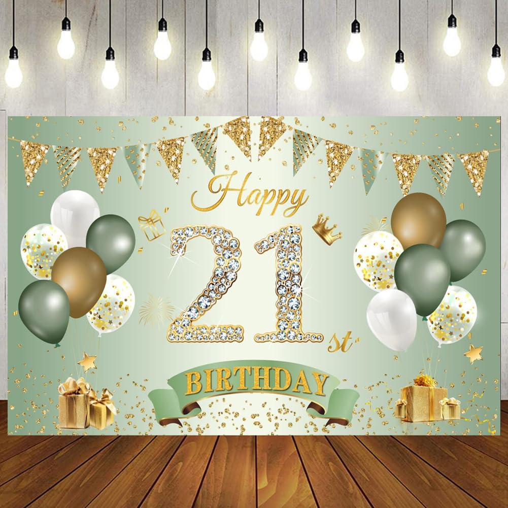 Happy 21st Birthday Banner Sage Green Gold, 1.1 x 1.8 m Backdrop for Boys Girls, Years Old Anniversary Party Decorations and Supplies