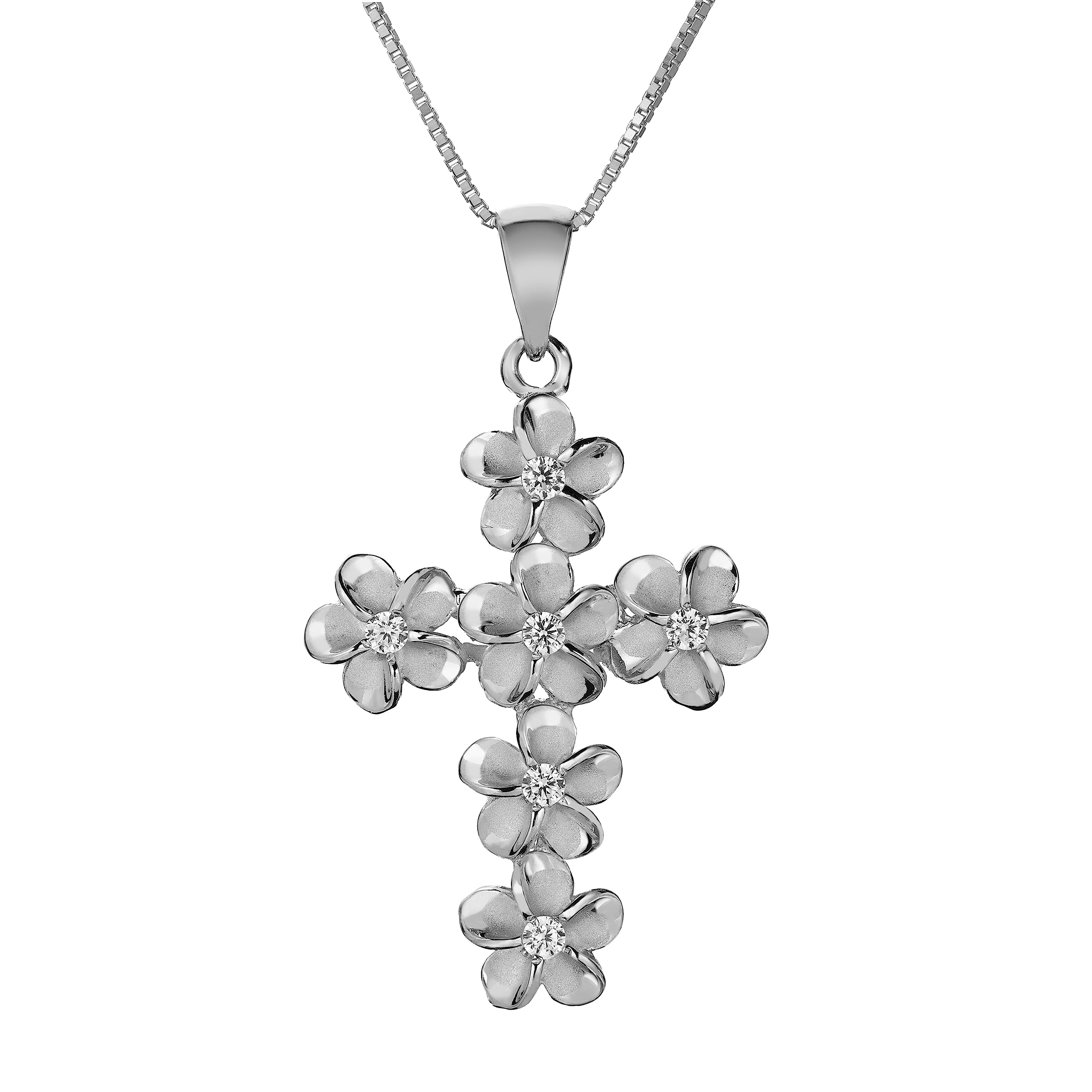 925 Sterling Silver Plumeria Flower Cross Pendant with 18" Box Chain, Gold Plated, Nickel Free Hypoallergenic for Sensitive Skin, Hawaiian Jewelry for