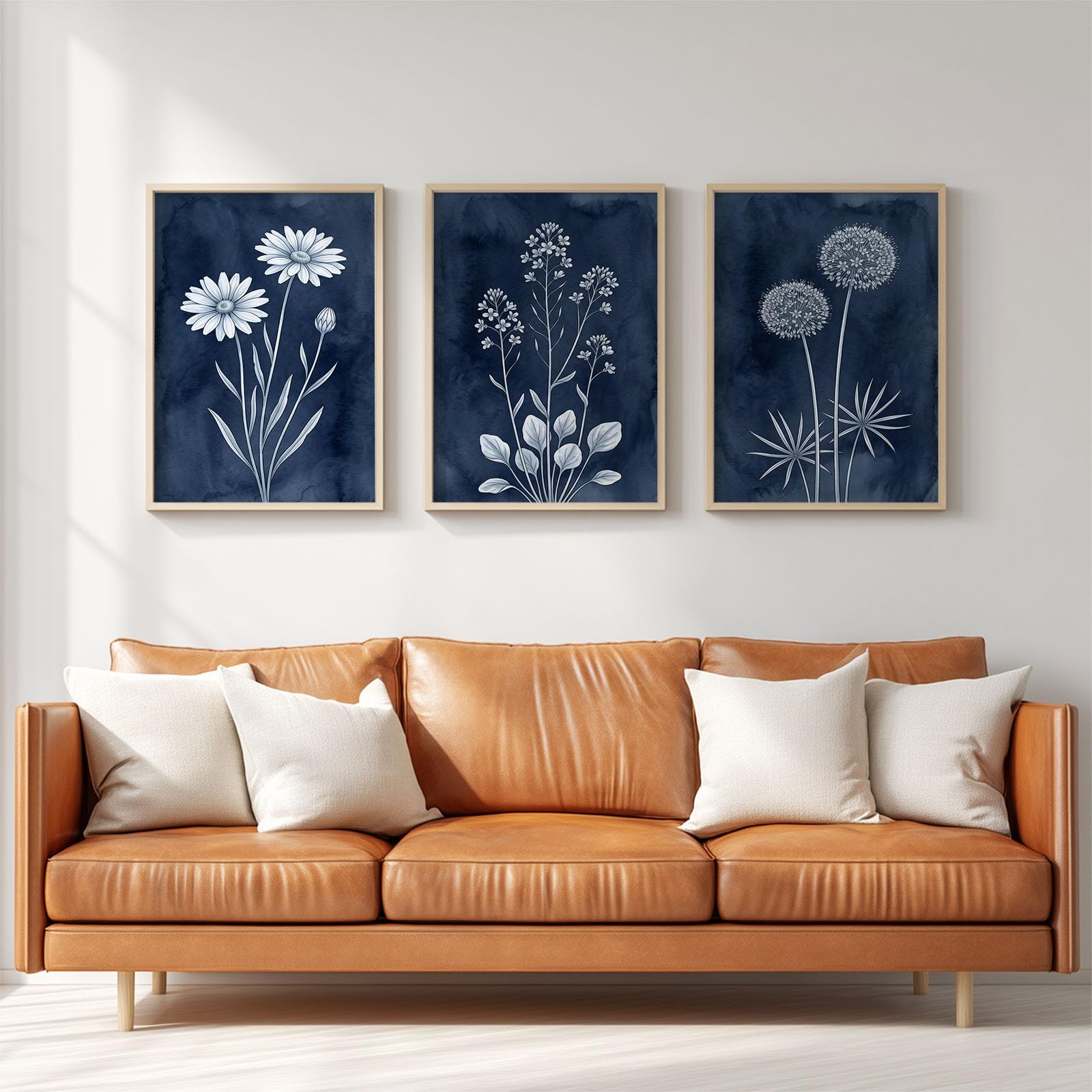 Générique Set de 3 Pièces de Décoration Murale Rustique Dessin À La Craie, Impressions Bleu Marine Marguerite Pissenlit Toile Peinture Triptyque pour Salon Chambre Bureau et Salle à Manger 50 x 70 cm