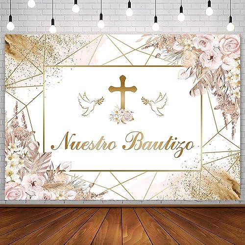 Miniatura 8 de Telón de fondo bohemio de 8 x 6 pies con Mi Bautizo Nuestro Bautizo Primera Comunión Bautizo Decoración de fiesta de bautizo rosa floral Pampa fondo