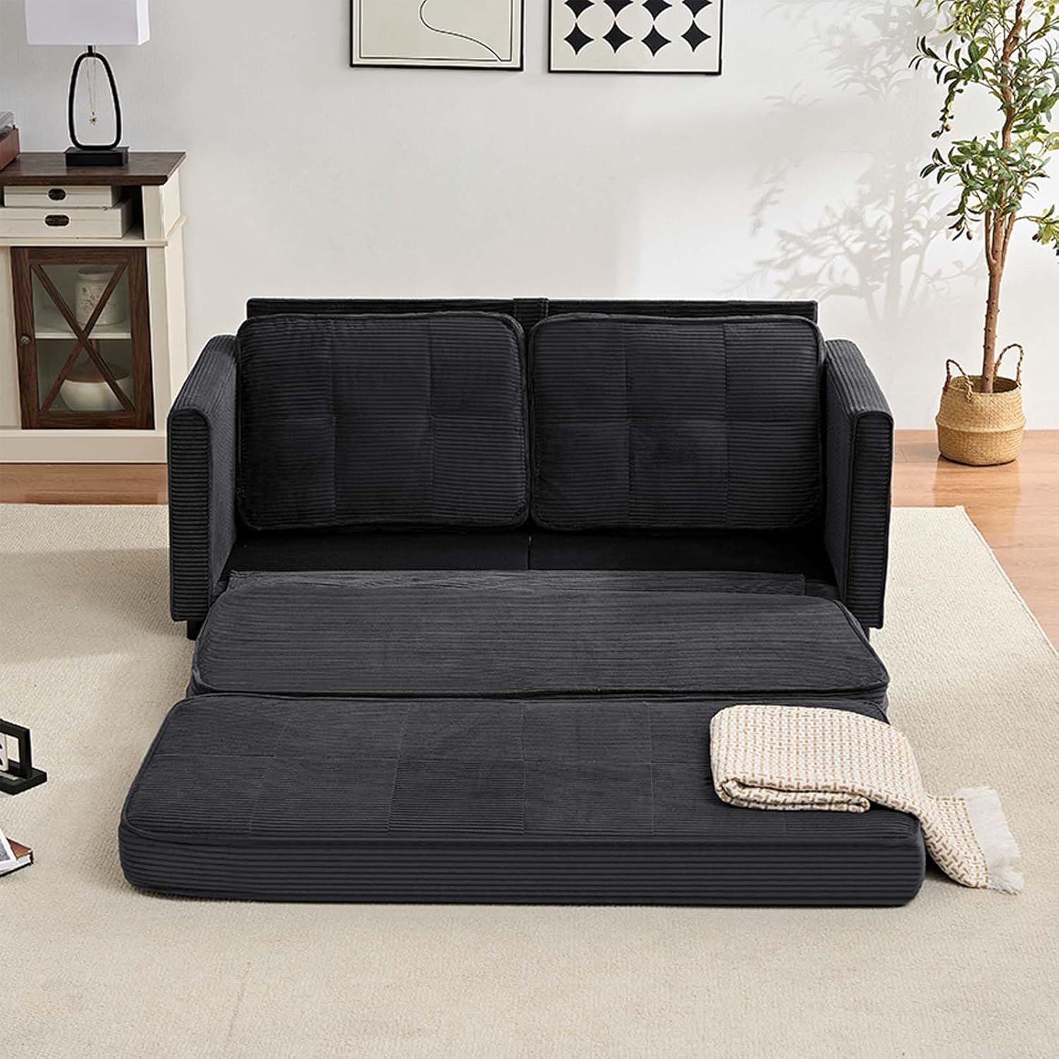 Mjkone 63" W 2 in1 Futon Folding Sofa Bed Sleeper, Pull Out Couch Small Love Seat Sleeper Bed Futon for Small Spaces, Fold Out Floor Gaming Couch with Side Pockets for Living Room, Home, Office, Grey