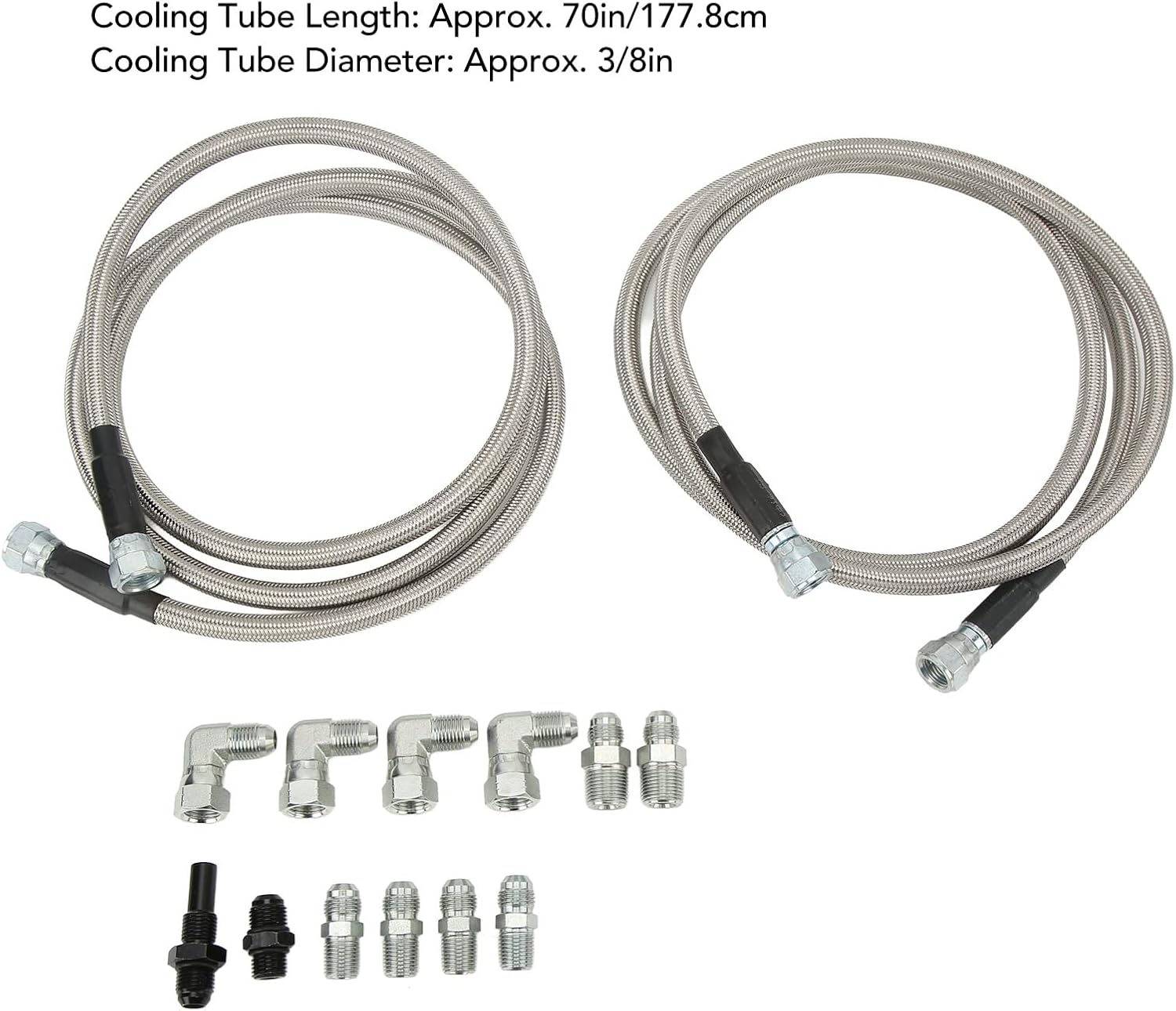 70in Transmission Cooler Hose Line with 12 Adapters, Stainless Steel Flexible Replacement for Cars Trucks, Fit for 700R4 4L60E TH350 TH400 Power Glide, Durable AN6 Inverted F