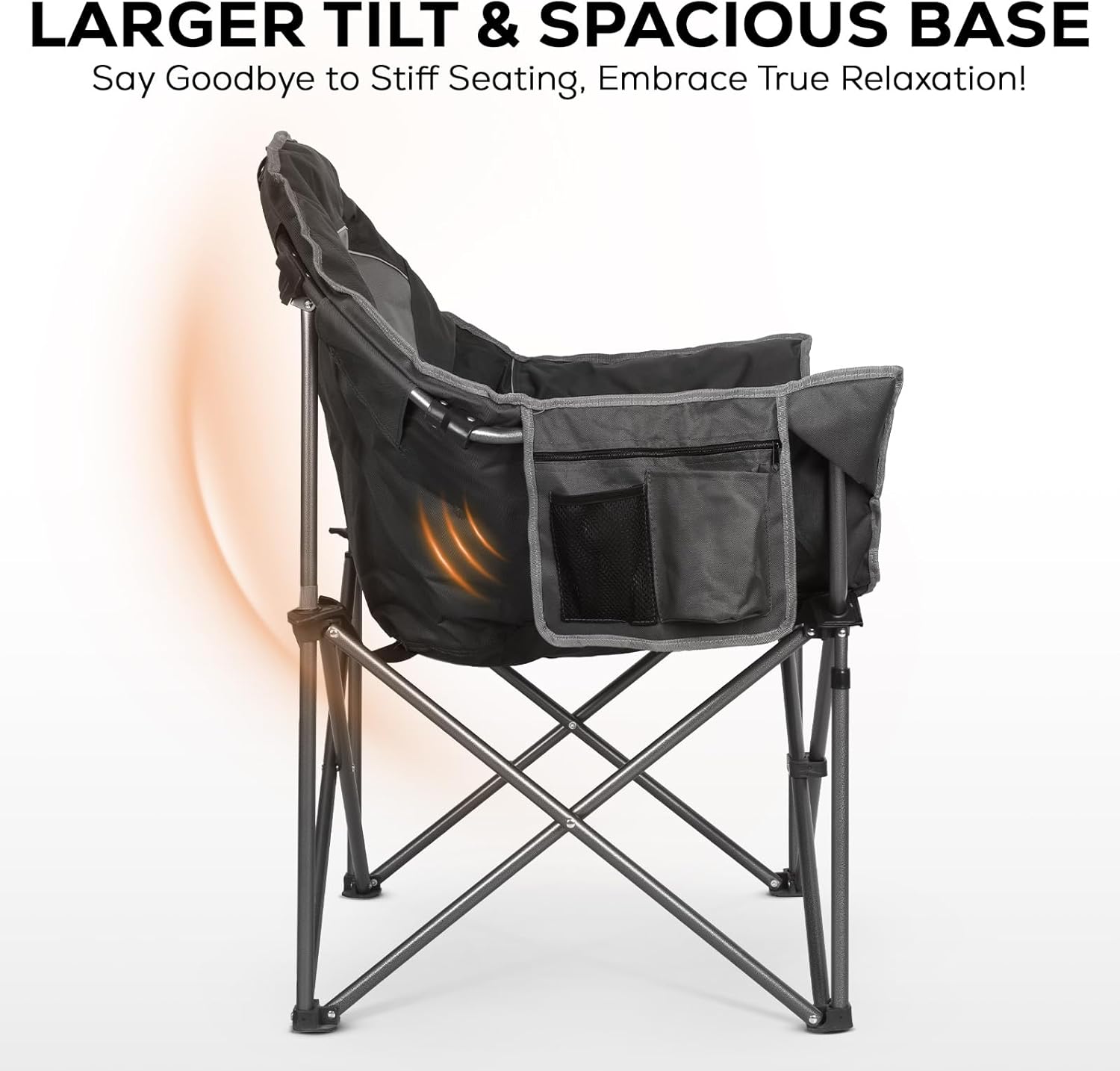 Romswi Oversized XL Padded Camping Chair for Adults, 500lbs Support Heavy-Duty Padded Folding Chair with Side Pocket Cup Holder, Wide&Thick, for Outdoor,Black