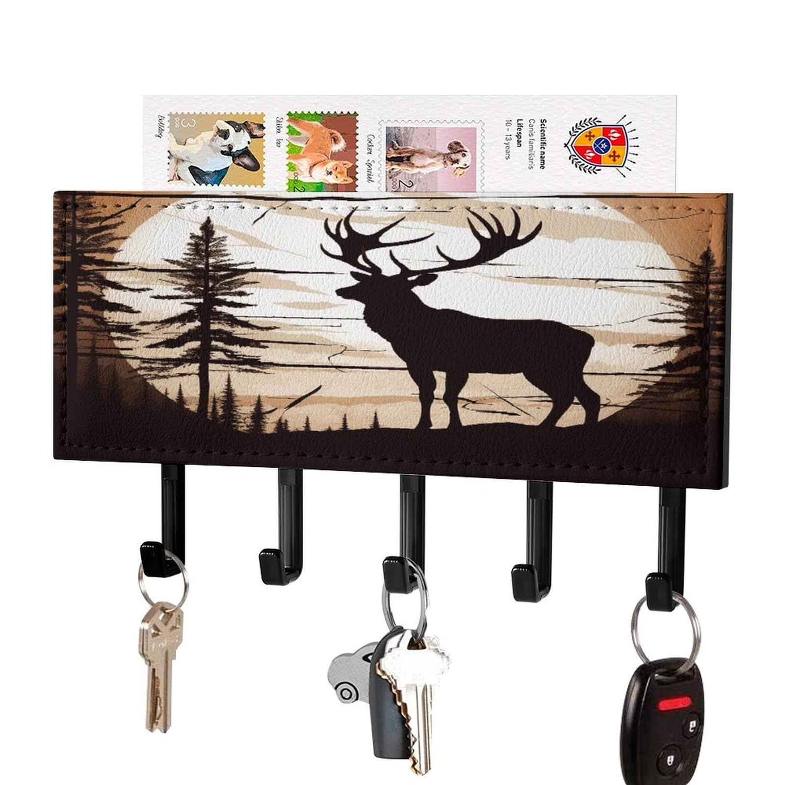 Vstadank Black-Style Wild Elk Silhouette Key Holder For Wall Mount With 5 Hooks Decorative Key And Mail Holder Farmhouse Wall Hooks With Shelf Pu Leather Key Rack With Mail Holders For Entryway Home