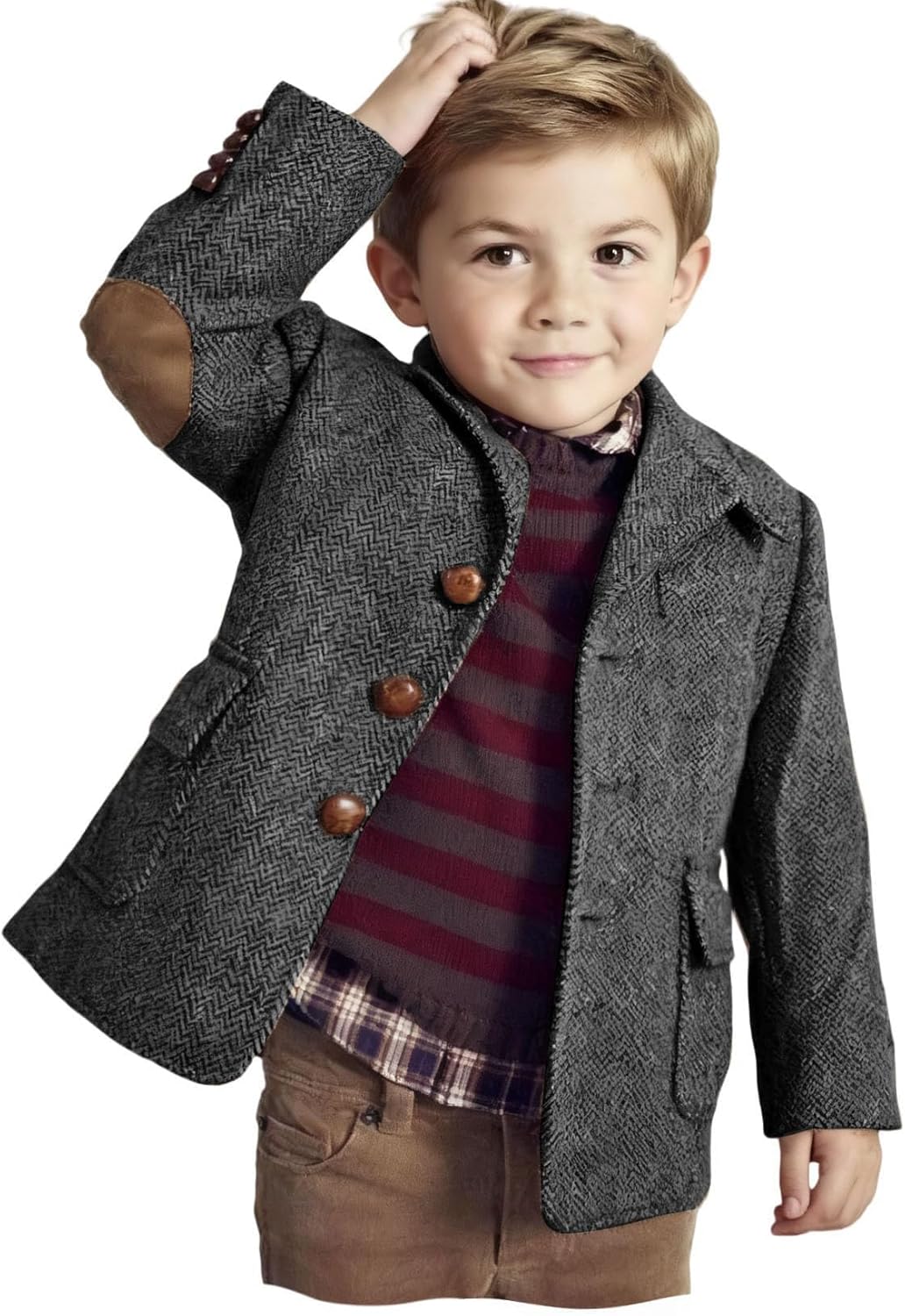 VENNYNG Boys Tweed Blazer Jacket with Elbow Patches Kids Short Trench Coat Vintage Coat