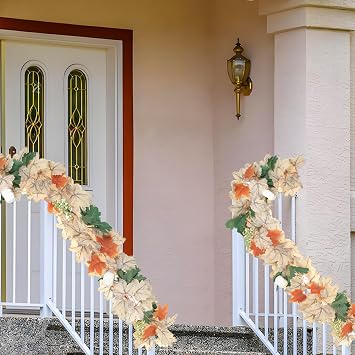 2Pack 5.9ft Artificial Fall Maple Leaf Garland, Autumn Vine Wreath with Foliage for Thanksgiving Halloween Christmas Decor Wedding Fireplace Mantel Home & Party Decor (2Pack-White/Green)