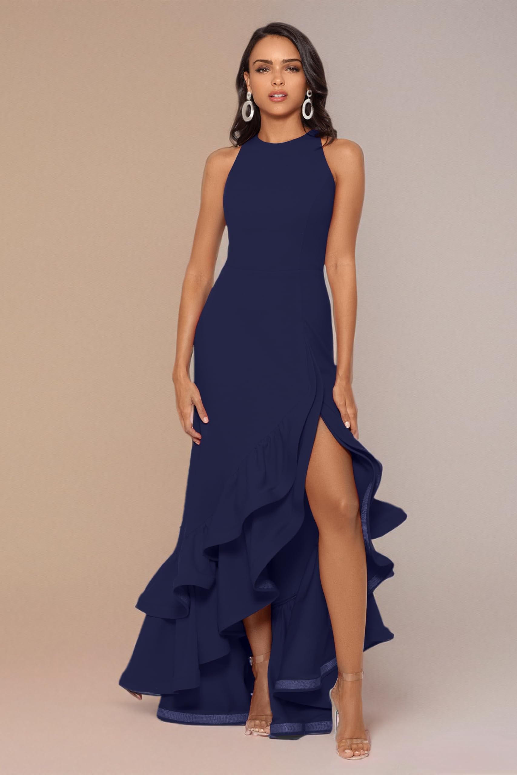 Betsy & Adam Womens Long Sleeveless Stretch Scuba Crepe Ruffle DressSpecial Occasion Dress: 8 Petite Navy