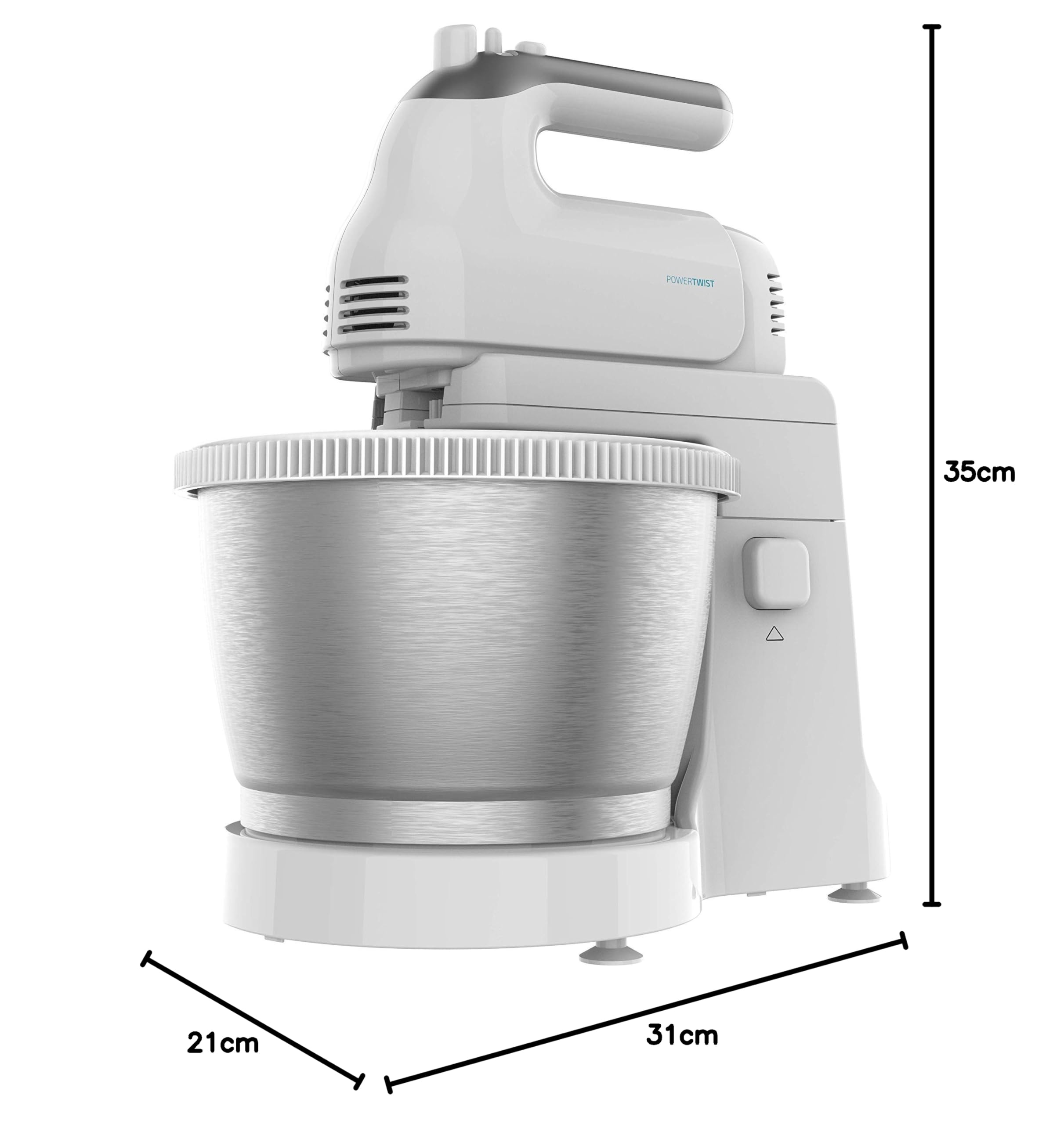Cecotec Batidora de Varillas PowerTwist 500 Steel. 500 W, Bol Autogiratorio de Acero Inoxidable de 3,5L de Capacidad, 5 Niveles de Velocidad, Función Turbo, Diseño Ergonómico, 3 Accesorios