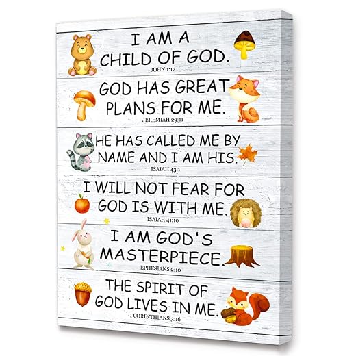 LISTNGBO Bible Verses Wall Art for Kids, I Am Child Of God Scripture Wall Art Canvas,Christian Religious Wall Art Gifts for Kids,Ready to Hang For Kids Nursery/Classroom/Bedroom Wall Decor 12" x 15"