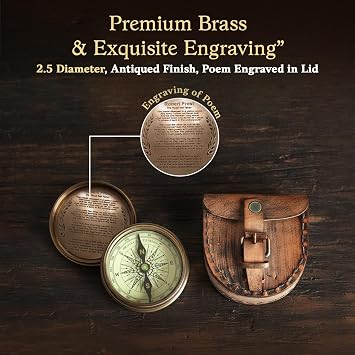 Wind & Weather Antiqued Brass Poem Compass with Leather Case