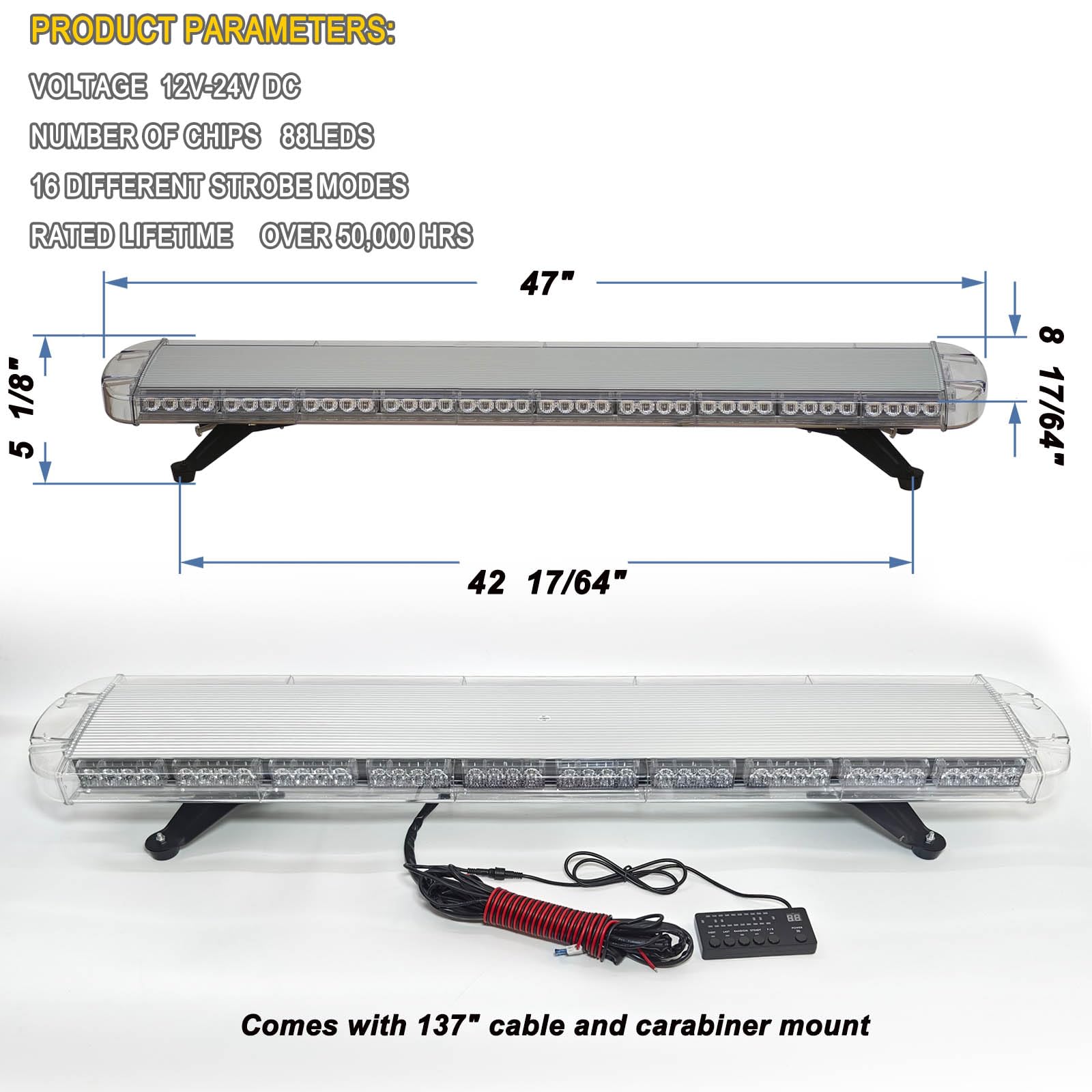 12V 24V 88LED Luce stroboscopica 17 modalità Flash Barra impermeabile Luce di avvertimento Segnale di pericolo per navi da rimorchio per camion (ambra, 47 pollici 88 W)…