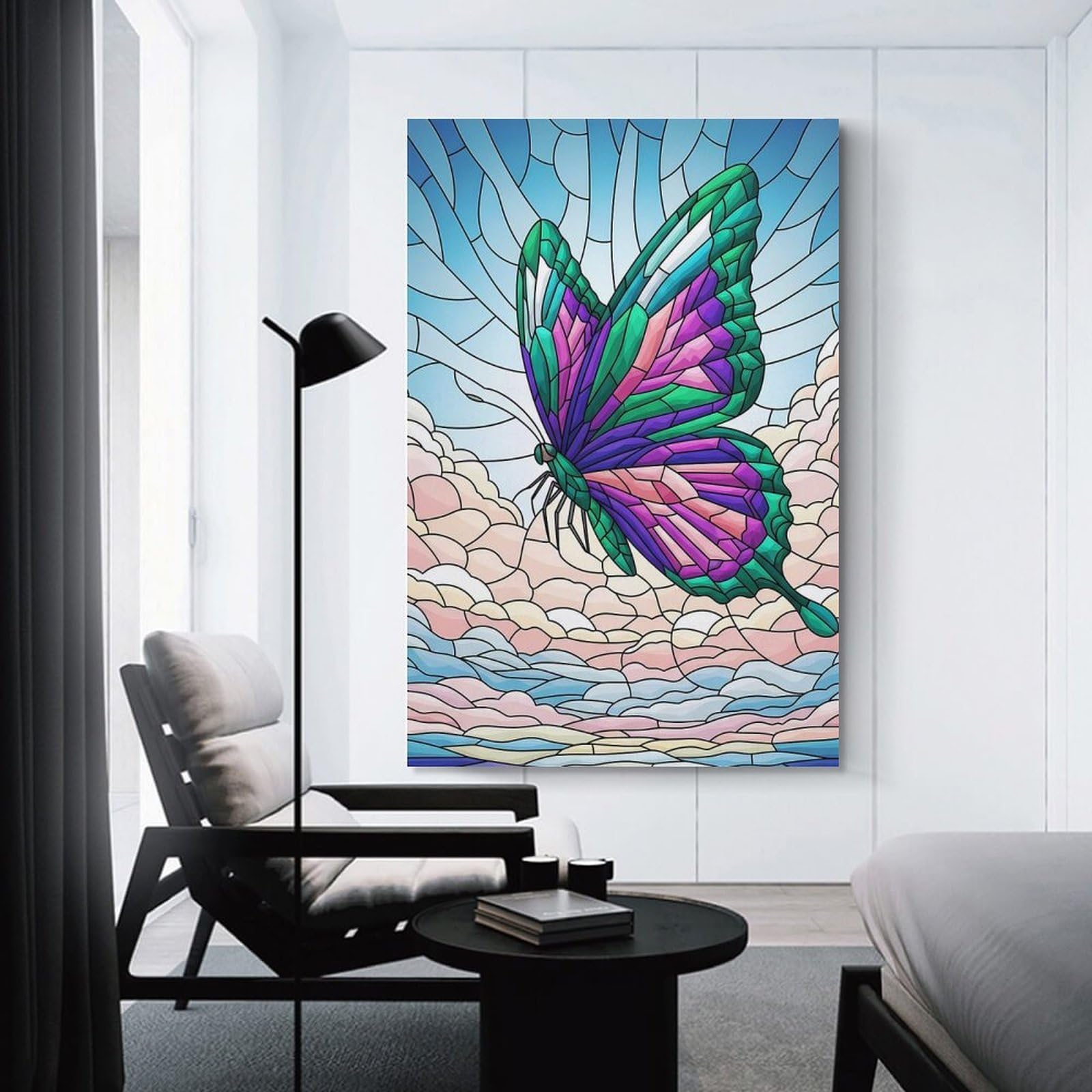 Junmoney Unframe-Style Stained Glass Butterfly In Sky Wall Picture Print, 20X30inch(50X75cm), For Wall Displays, Bedrooms Or Room Updates, Decorative Artwork With Flexible Styling