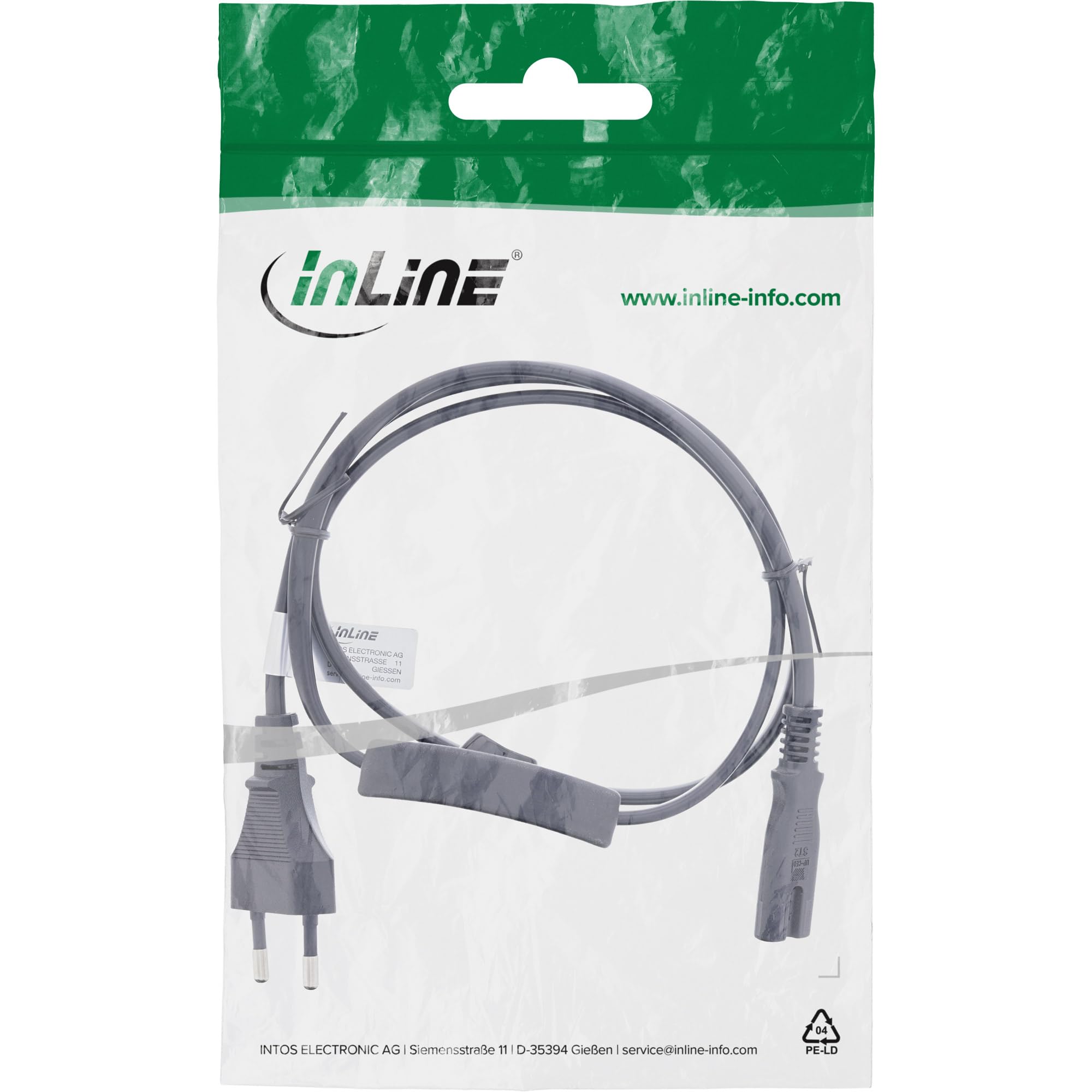 Inline Euro 16151 - Cavo di alimentazione con interruttore, spina CEE 7/16 a IEC-C7, 2 poli, cavo di alimentazione per dispositivi AV, nero, 1 m