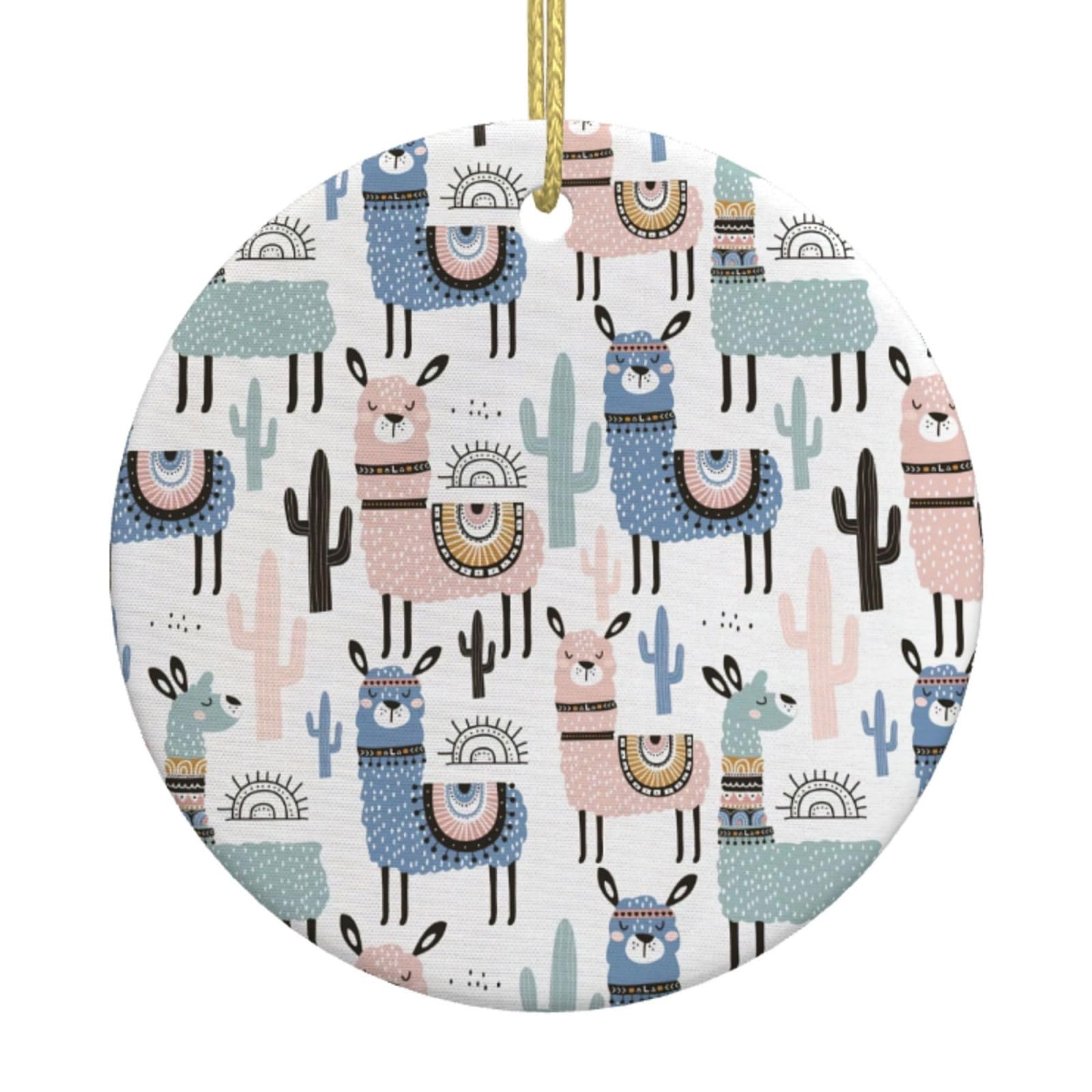 Llama Alpaca Cactus Print Santa Christmas Tree Decorations Xmas Hanging Ornaments Ceramic Round Ornament Keepsake
