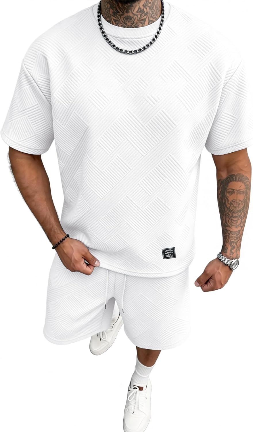 JEMLDL Men's Summer 2 Piece Set Jacquard Texture Short Sleeve T-Shirt & Shorts Outfit Casual Lounge Wear