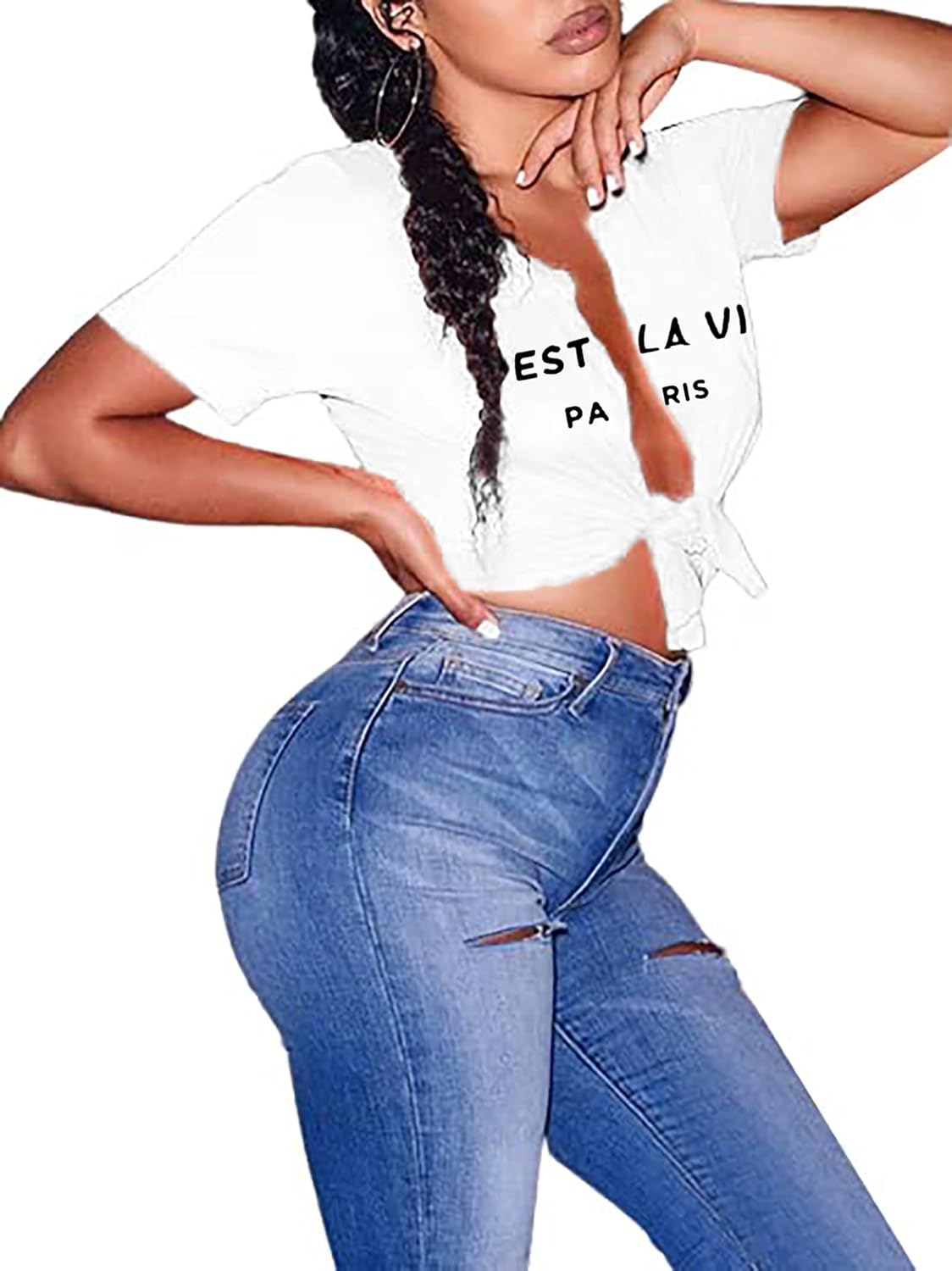 vblane Sexy Graphic Crop Tops for Women Summer Short Sleeve Tie up Tee Shirt - Image 4