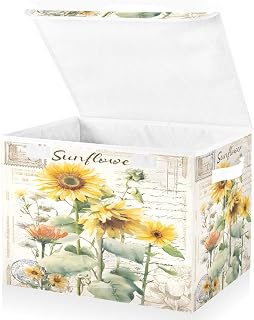 Bolaz Storage Bins with Lids and Handles,Sunflower Stamp Storage Box Basket with Cover Collapsible Organizer Containers for Home Closet, Shelves
