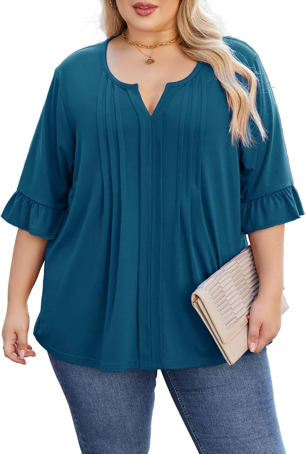 Beauhuty Women's Plus Size Shirts Dressy Casual Blouses 3/4 Bell Ruffle Sleeve Front Pleated Trendy Business Peplum Tops
