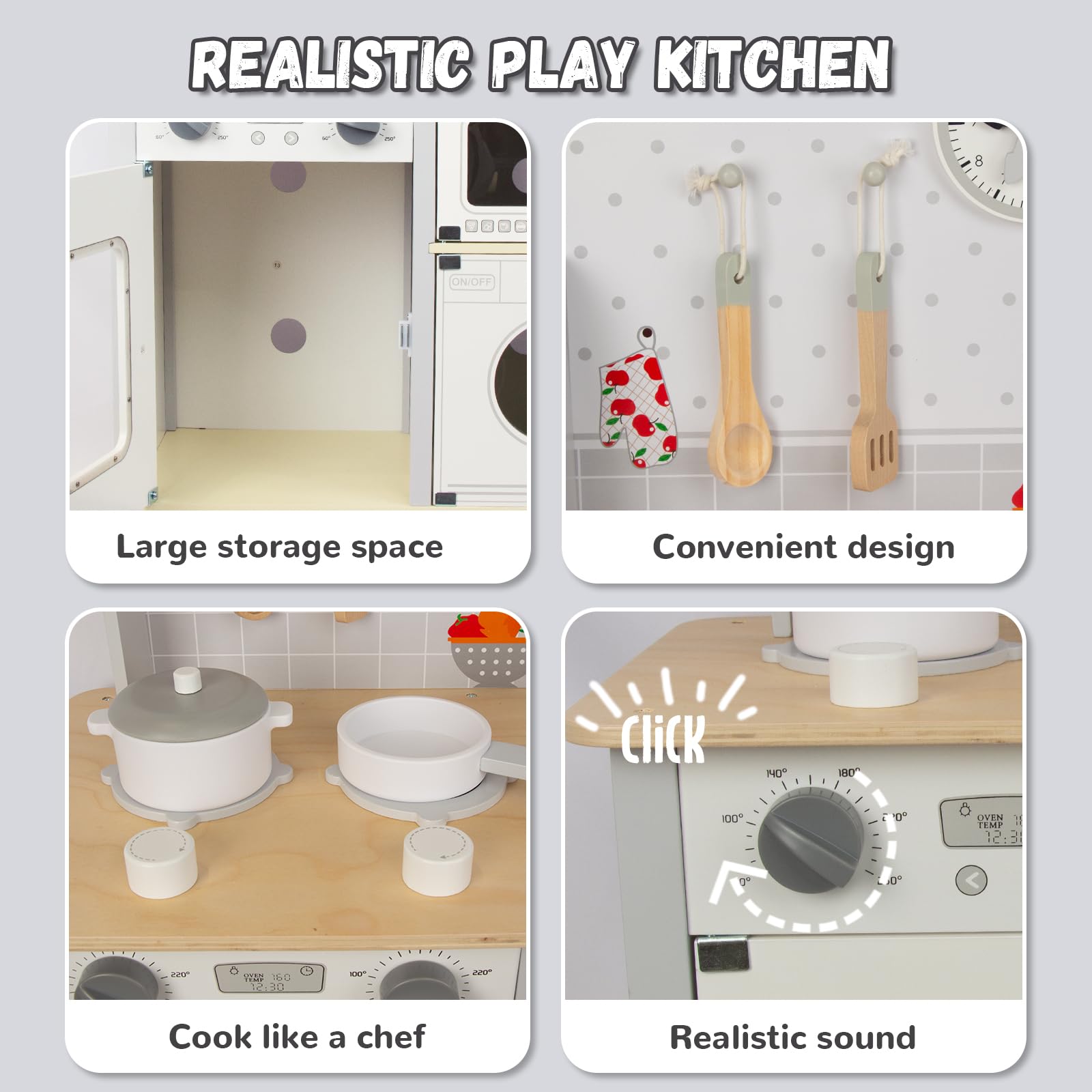 WOODENFUN Cucina giochi per bambini 3-8, in legno per bambini che giocano cucina Playset Chef Pretend Play Set per bambini piccoli, giocattoli da cucina regali per ragazzi ragazze (bianco)
