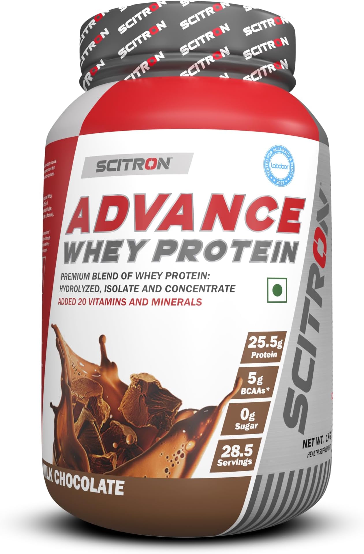 Scitron Advance Whey Protein (28.5 Servings, 25.5g Protein, 6g BCAAs, 0g Sugar, 20 Vitamins & Minerals) 1kg (Milk Chocolate)