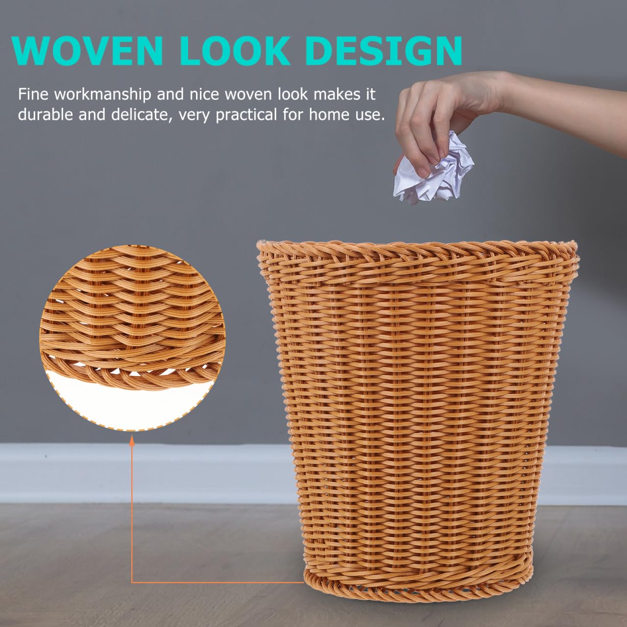 Ciieeo Woven Trash can 9.65In Compact Braided Waste Basket for Bathroom Bedroom Kitchen Office Storage and Organization